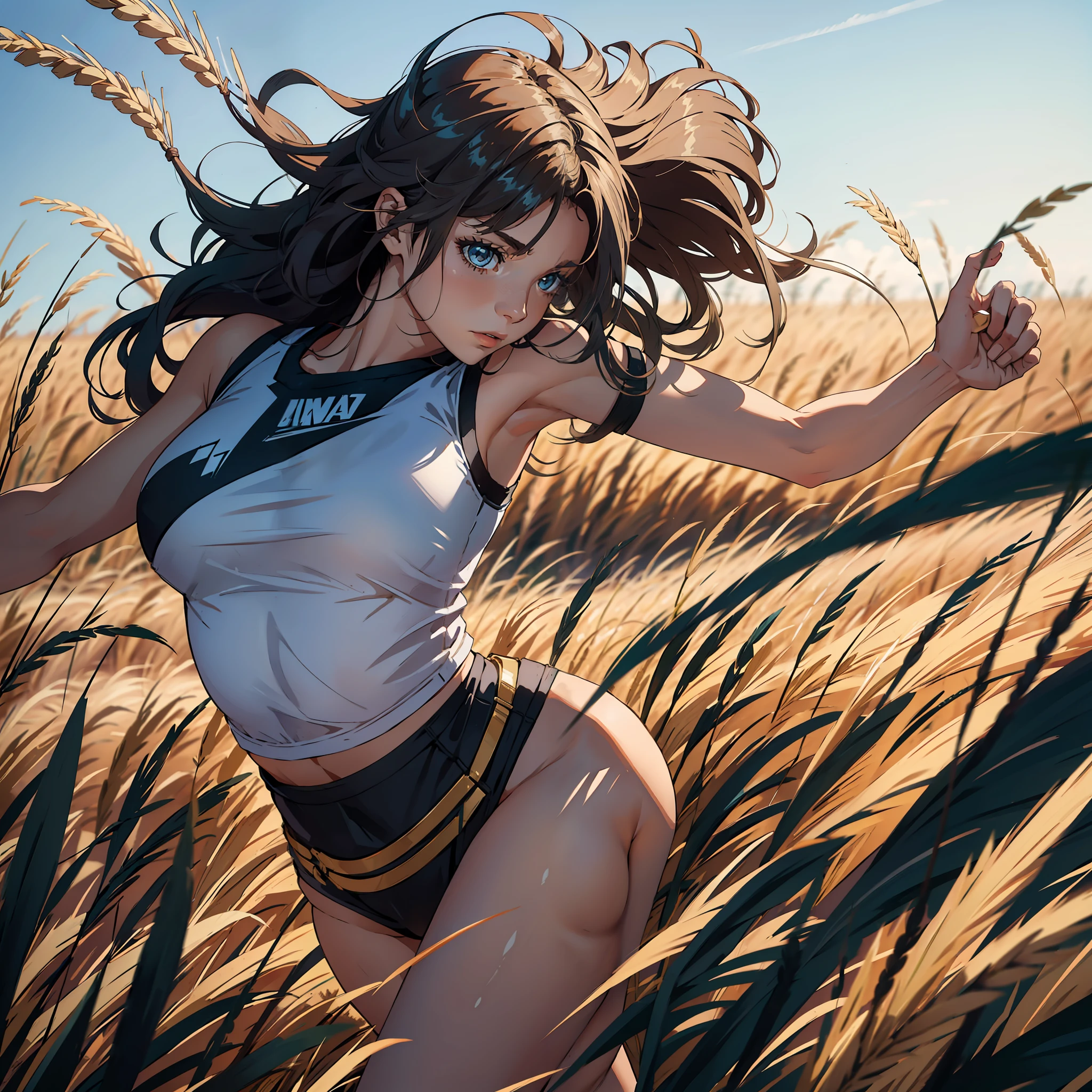 Una guerrera corriendo con los brazos extendidos y una espada en cada mano. Run quickly through a field of grain.. Tiene el pelo largo y suelto, Lleva armadura de cuero grueso y madera.
