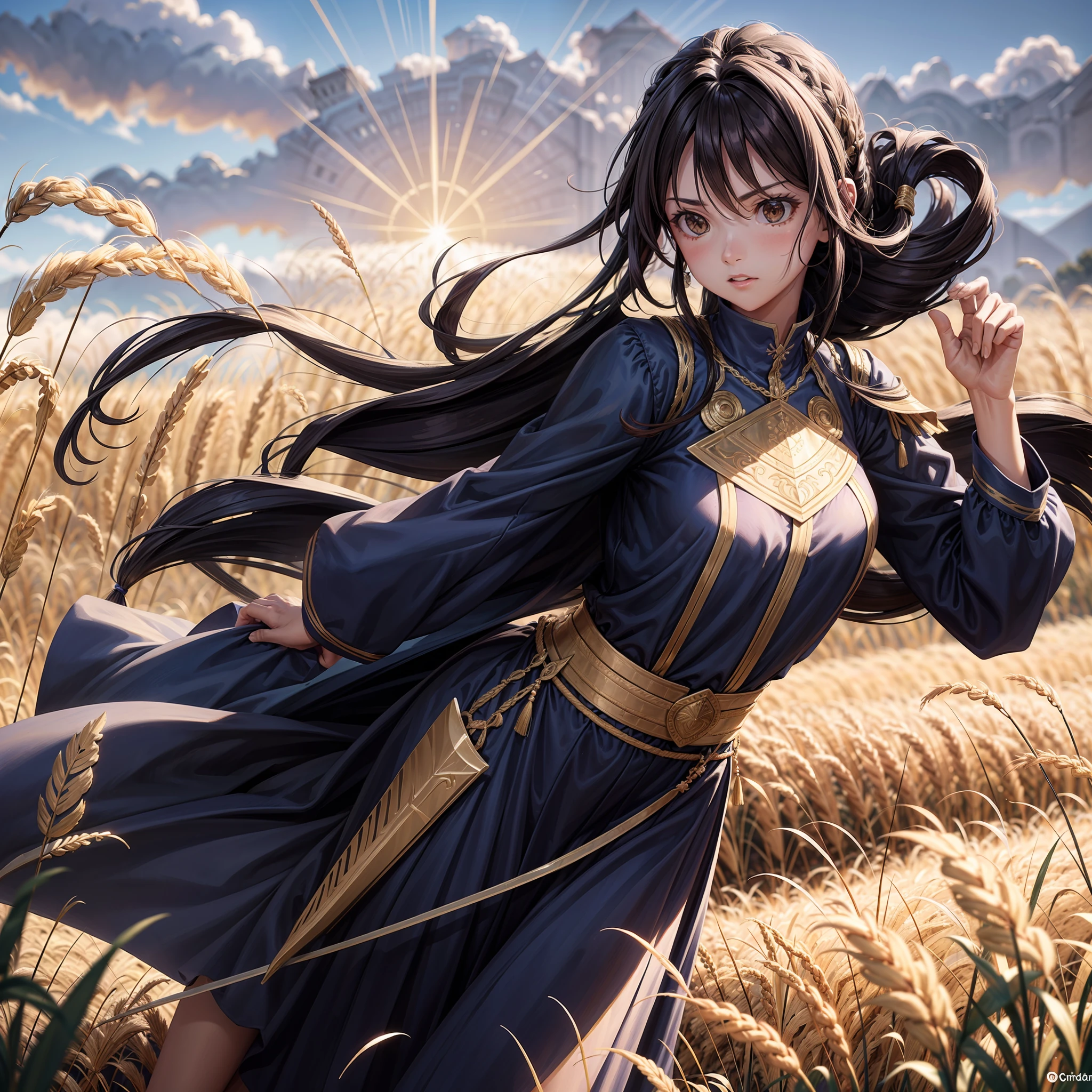 Una guerrera corriendo con los brazos extendidos y una espada en cada mano. Run quickly through a field of grain.. Tiene el pelo largo y suelto, Lleva armadura de cuero grueso y madera.