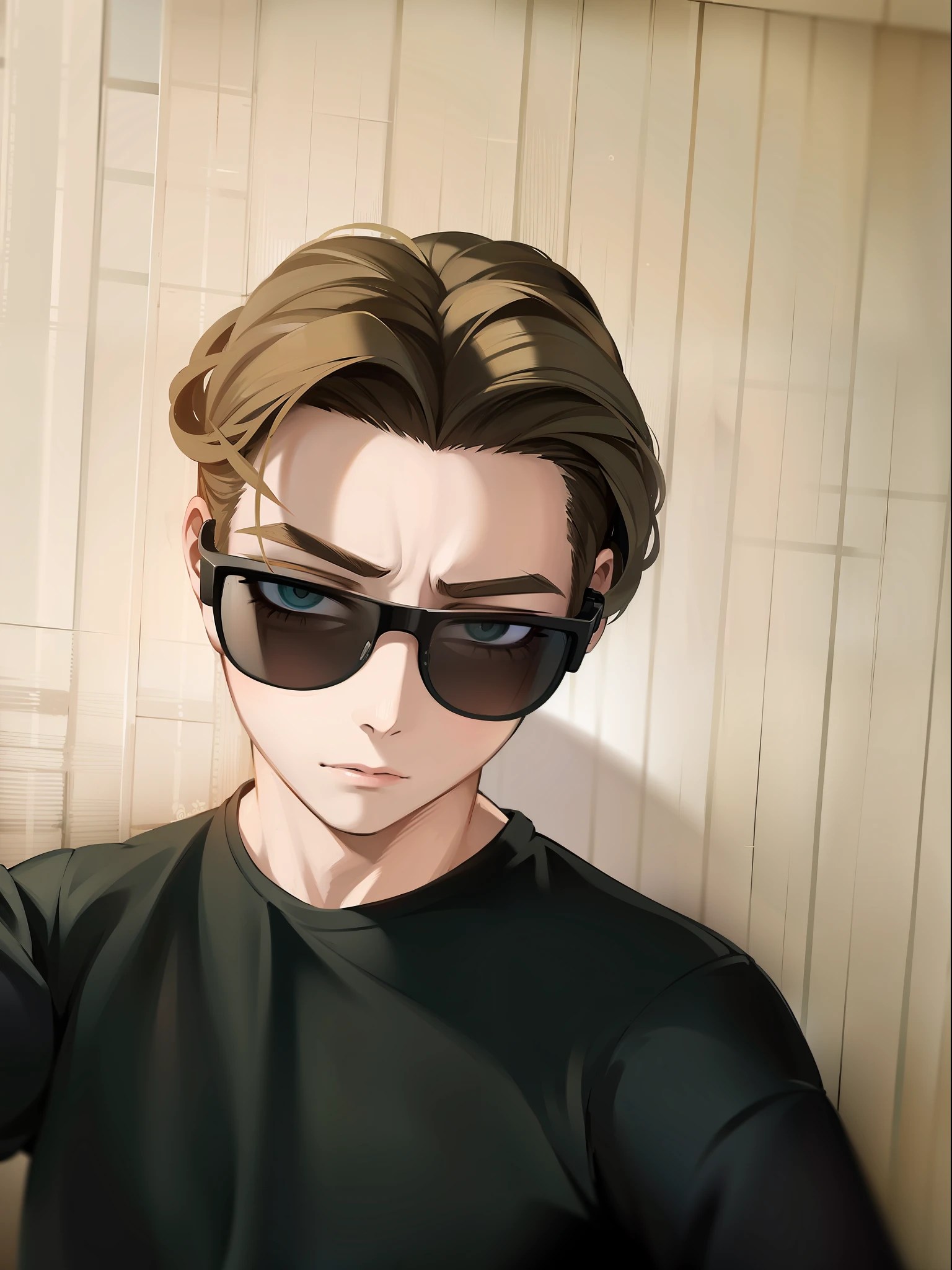Anime style, whitebackground, serious face, black glasses