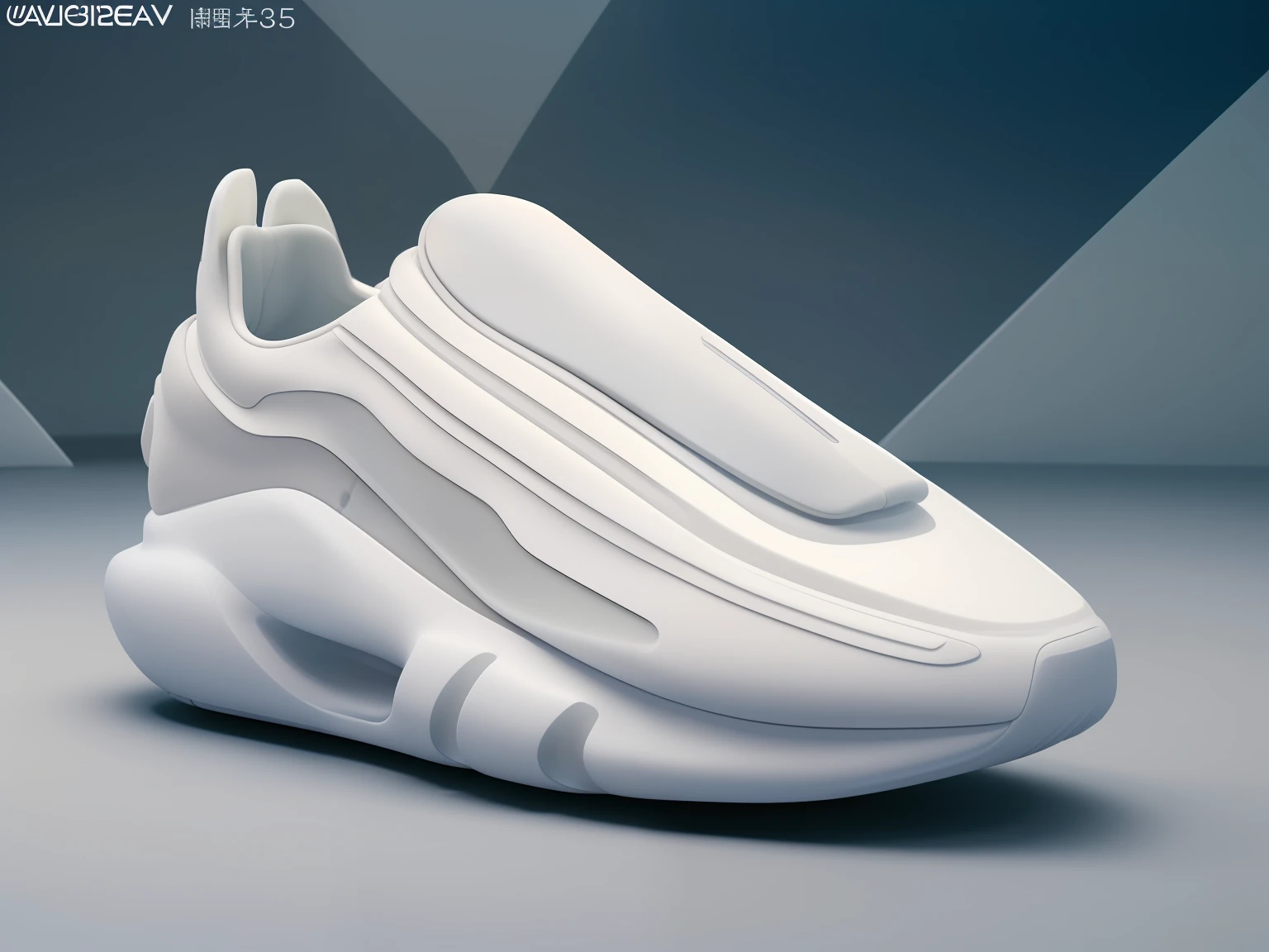 Close-up of a pair of white shoes on a white surface, futuristic sneakers, inflatable future shoes, futuristic balenciaga sneakers, Triple white color scheme, sneaker design, Zaha Hadid Octane High Render, inspired by Zha Shibiao, Completely white render, In the style of Zaha Hadid, Yzy, 3 d render of jerma 9 8 5