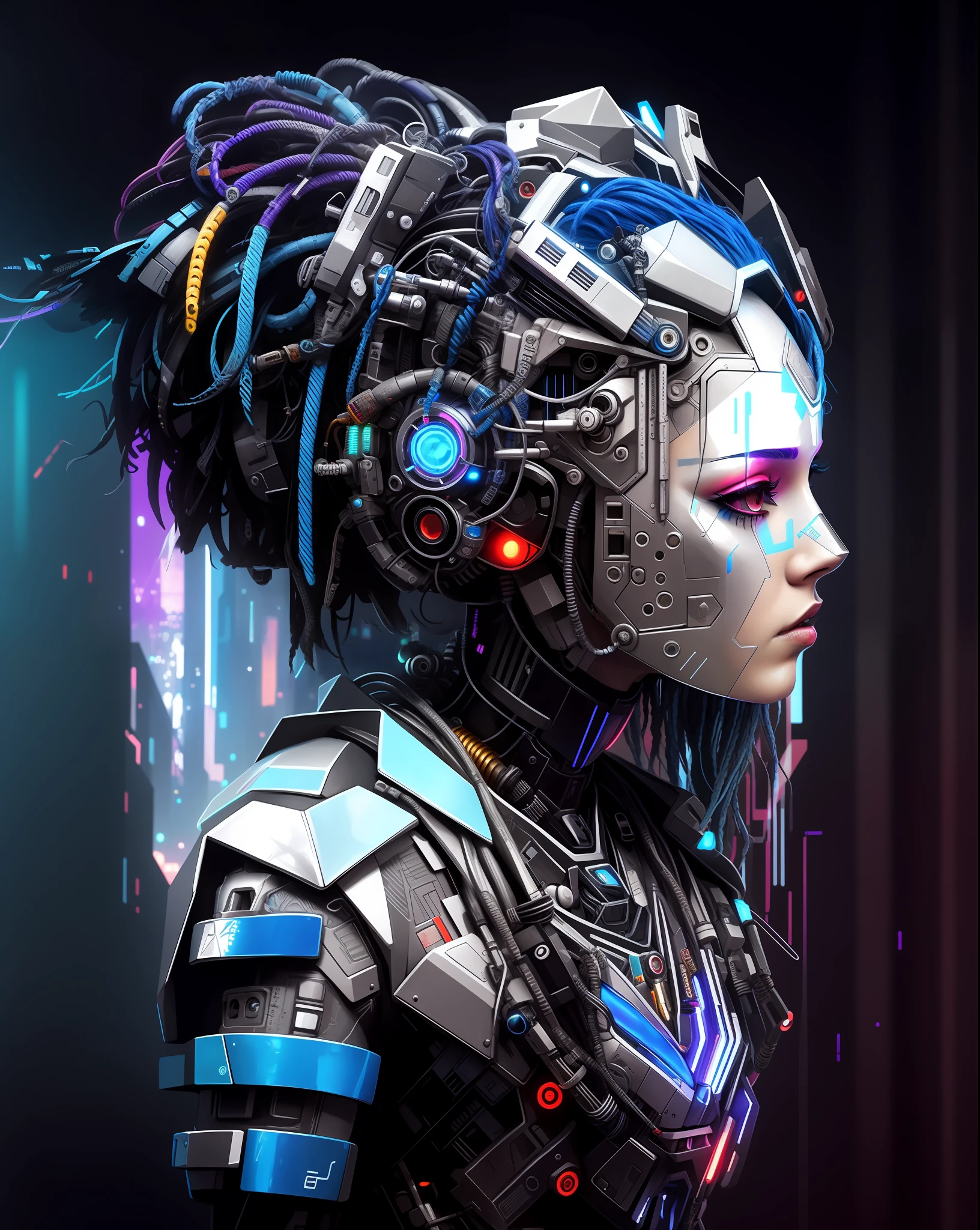 Un primer plano de un robot con rastas y un fondo azul, Portrait of a cyberpunk machine, Arte ciberpunk digital avanzado, Retrato de una reina cyborg, Cyberpunk Medusa, Cyber dreadlocks, Estatua cyberpunk, Estilo cyberpunk hiperrealista, Mecanoide cyberpunk de moda, Estilo de arte cyberpunk, Retrato detallado de un cyborg, Arte cyberpunk, cyberpunk themed art