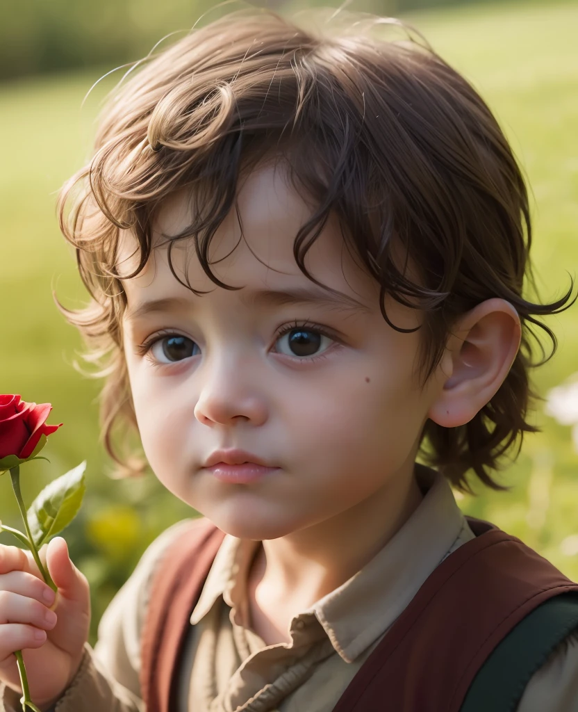 Portrait of a  Frodo Baggins holding a red rose in a beautiful garden