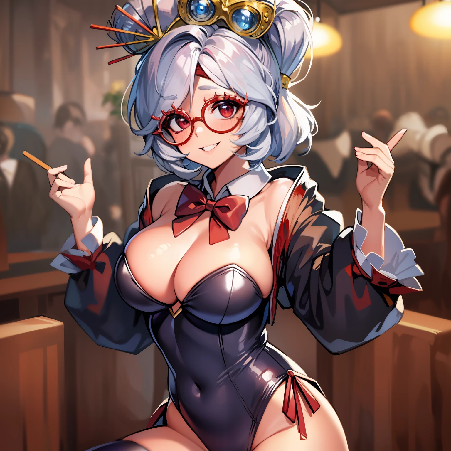 masterpiece, best quality, purah, red glasses, hair ornament, hair stick, red headband, bowtie, black leotard, black thighhighs, cowboy shot, large breasts, looking at viewer, smiling, casino