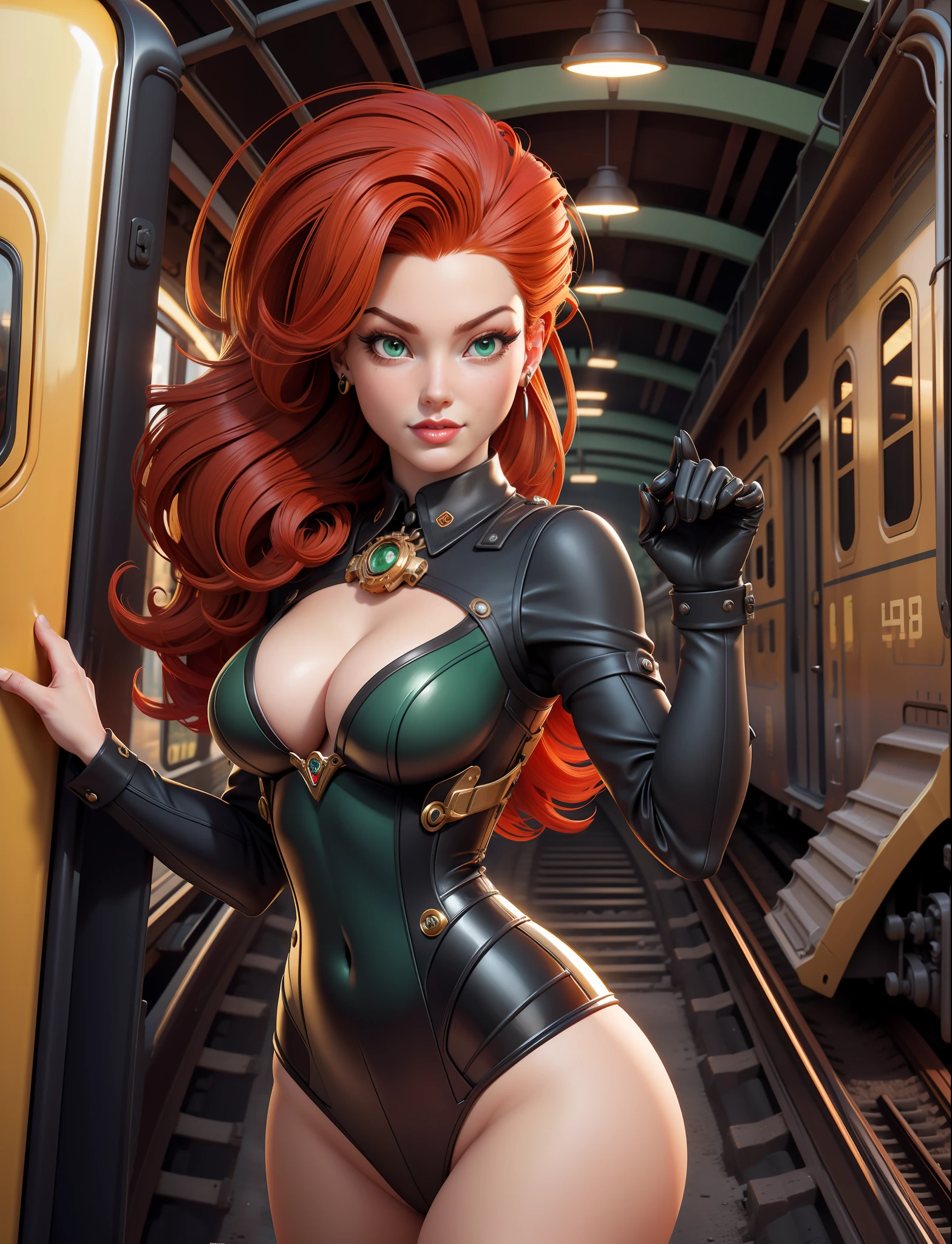 official art, unity 8k wallpaper, ultra detailed, aesthetically pleasing, High quality, masterpiece, best quality, a woman red hair, beautiful face, green eyes, sexy pose, pinup art, in front of a yellow train on the tracks in a train yard, 4 0 9 6, trains in the background, locomotive, train, golden engines, choo choo, trains, biomechanical railroad, glamorous and sexy, red hair, beautiful face, green eyes, sexy pose, pinup art, pin - up, pin-up, pin up, pinup, pin - up girl, pin up girl, pinup girl,