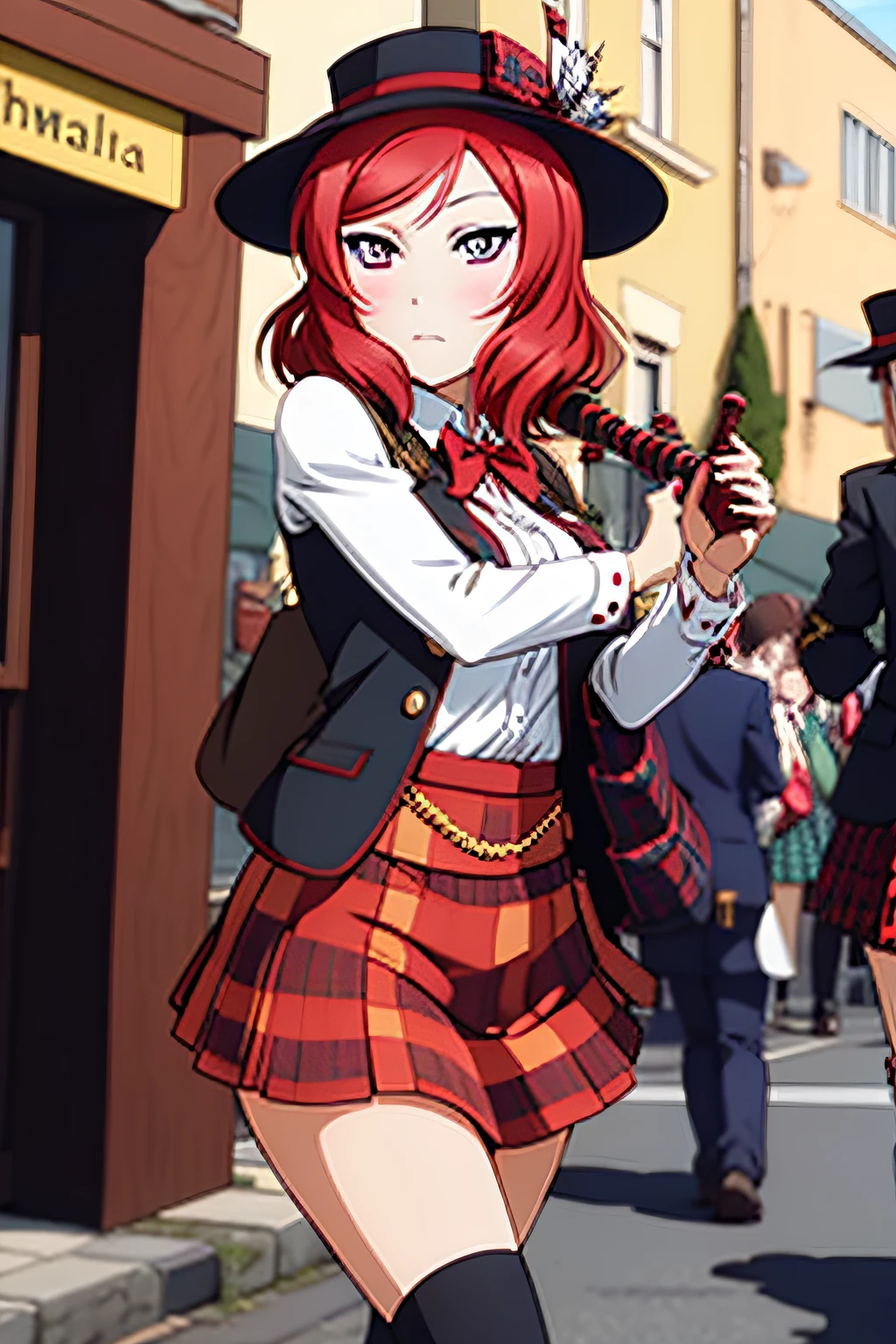 Maki Nishikino，Loch Ness，Red bagpiper hat，Blowing bagpipes，Red tweed skirt