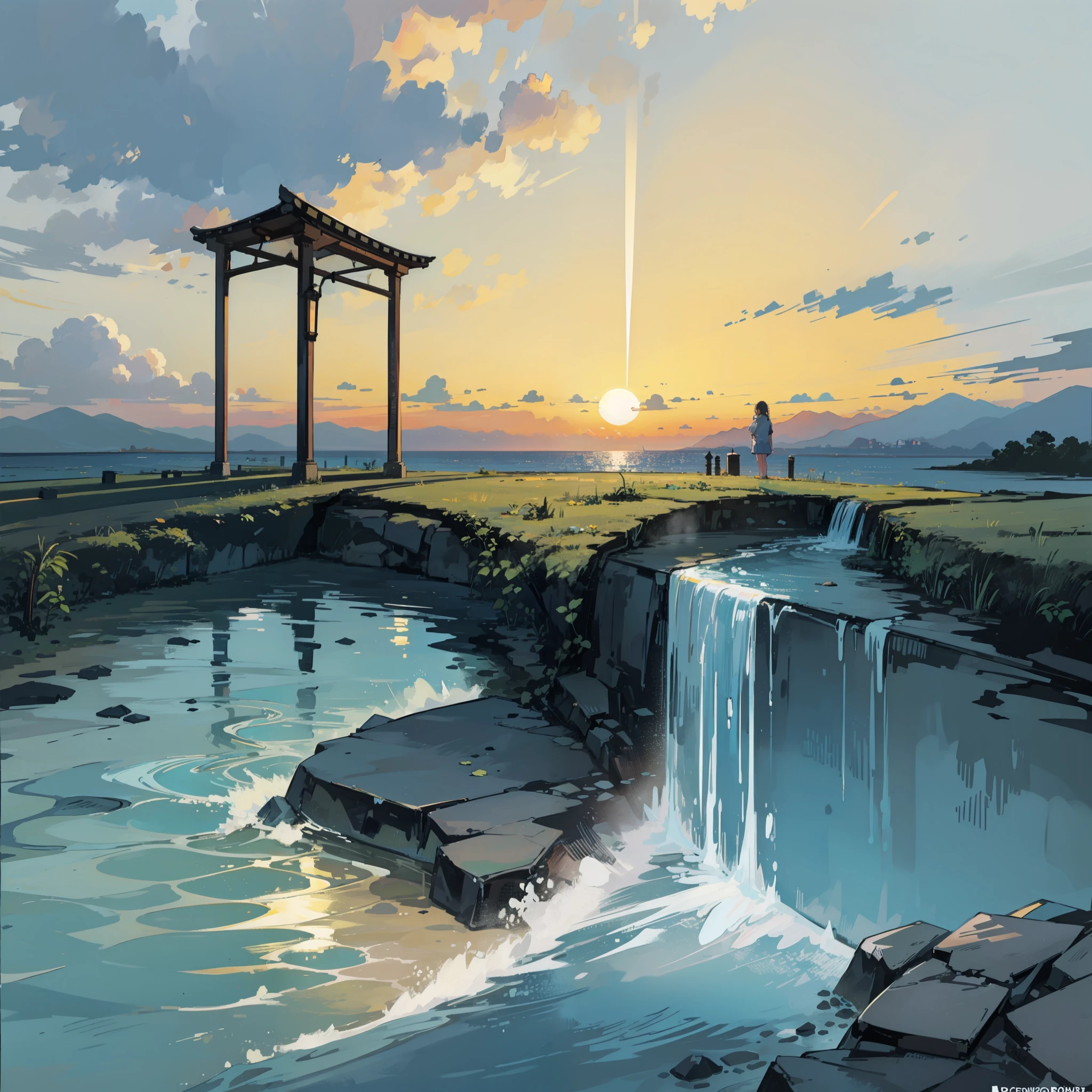 por do sol visto apartir do espelho d'agua de um pequeno riacho que conduz ao oceano