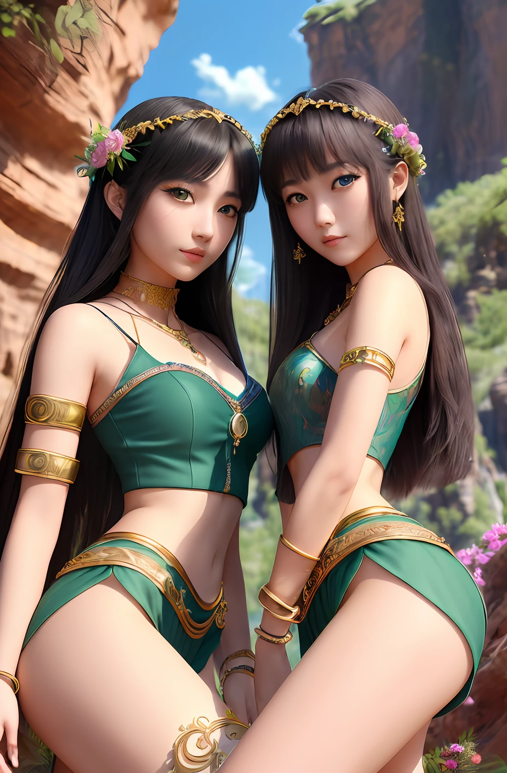 ((Realistic:1.5)),Ulzzang-6500:0.7,((Best quality)), ((Masterpiece)),((Detailed)),2girls,duo,{2 beautiful women}, (Upper body:1.3),Hug and touch each other, Tease your friend's waist, Breathless friends, Biting a friend's earlobe, crouched,super wide shot,Face focus, Long legs,Curvy, Barefoot,Wide hips, Thin legs, Oversized eyes,Long eyelashes, (Detailed face,beautidful eyes, detailedpupils,detailed clothes features, Clear background:1.3), (armlets, bangle:1.3), Mysterious ancient ruins, floresta exuberante, Deep canyon,bridge,River,cliff,Cloud,lakes,Rock music,Waterfalls, Flowers, Grass,grape trees,tree,bright detail,Sharp,Perfect compounding, Intricate, Sharp focus, Dramatic,