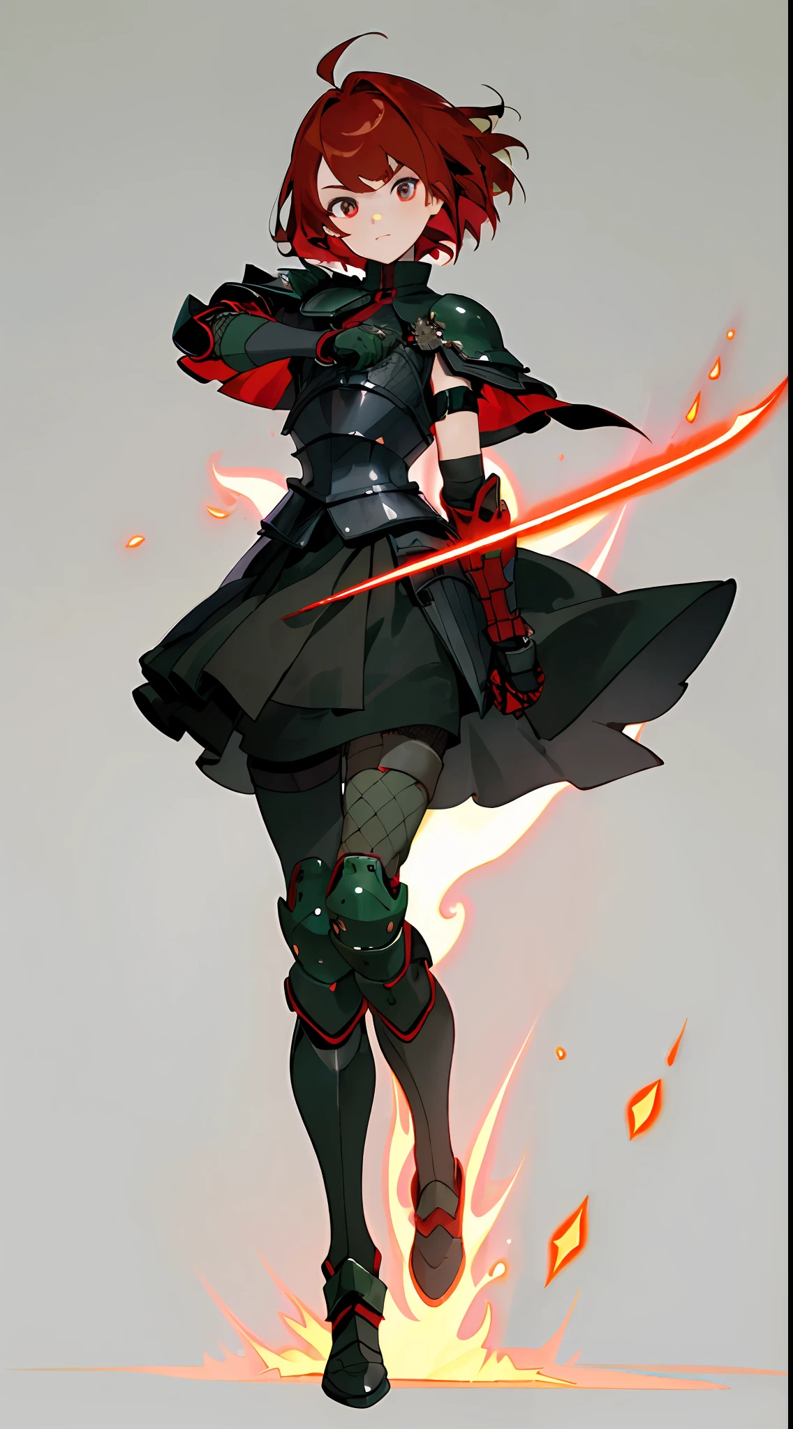 (full body:1.5), ((masterpiece, best quality)), (solo, dark-red short hair cute detailed eyes face:1.5, chest armor and elbow armor, dark-green skirt:1.2, black inner clothes, knee pads, fishnet stockings, short black-cloak), runeblader gripping a flame-wind magic-sword