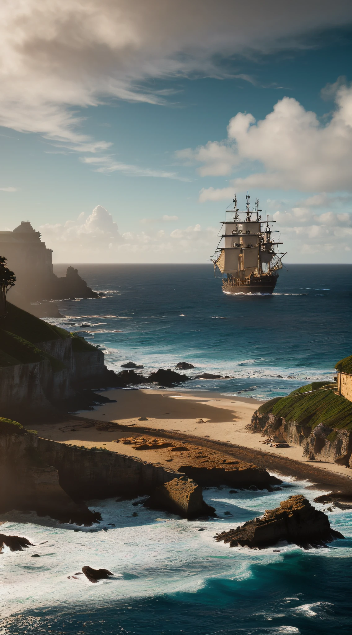 {Scene from the 17th-century with Portuguese galleons on the horizon off the southwest African coast, representing the looming colonization}, Digital Painting, Realistic Art Style influenced by Greg Rutkowski, Medium Telephoto Lens, High Angle Shot, (HDR:1.25), (Natural Light:0.9), (64K Resolution:1.25), (Coastline:1.2)