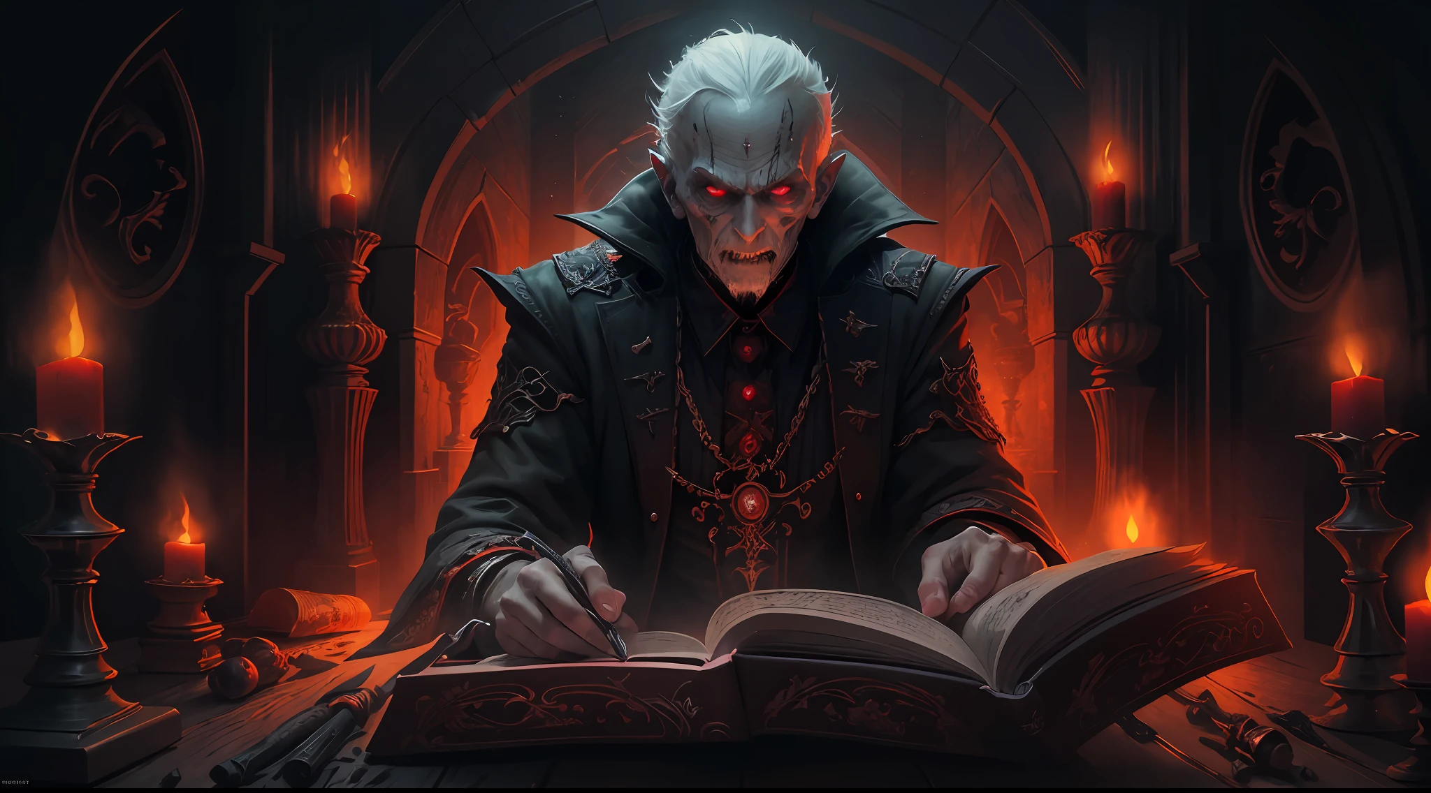 Highest quality，Masterpiece，Handsome and beautiful vampire mage reading in the dark room, dark but detailed digital art, Book of the Dead, horror fantasy art, detailed 4k horror artwork, Horror stories, dark fantasy horror art, Crypt legends, fantasy horror art, Read an evil devil's book, highly detailed dark art, portrait of the old necromancer
