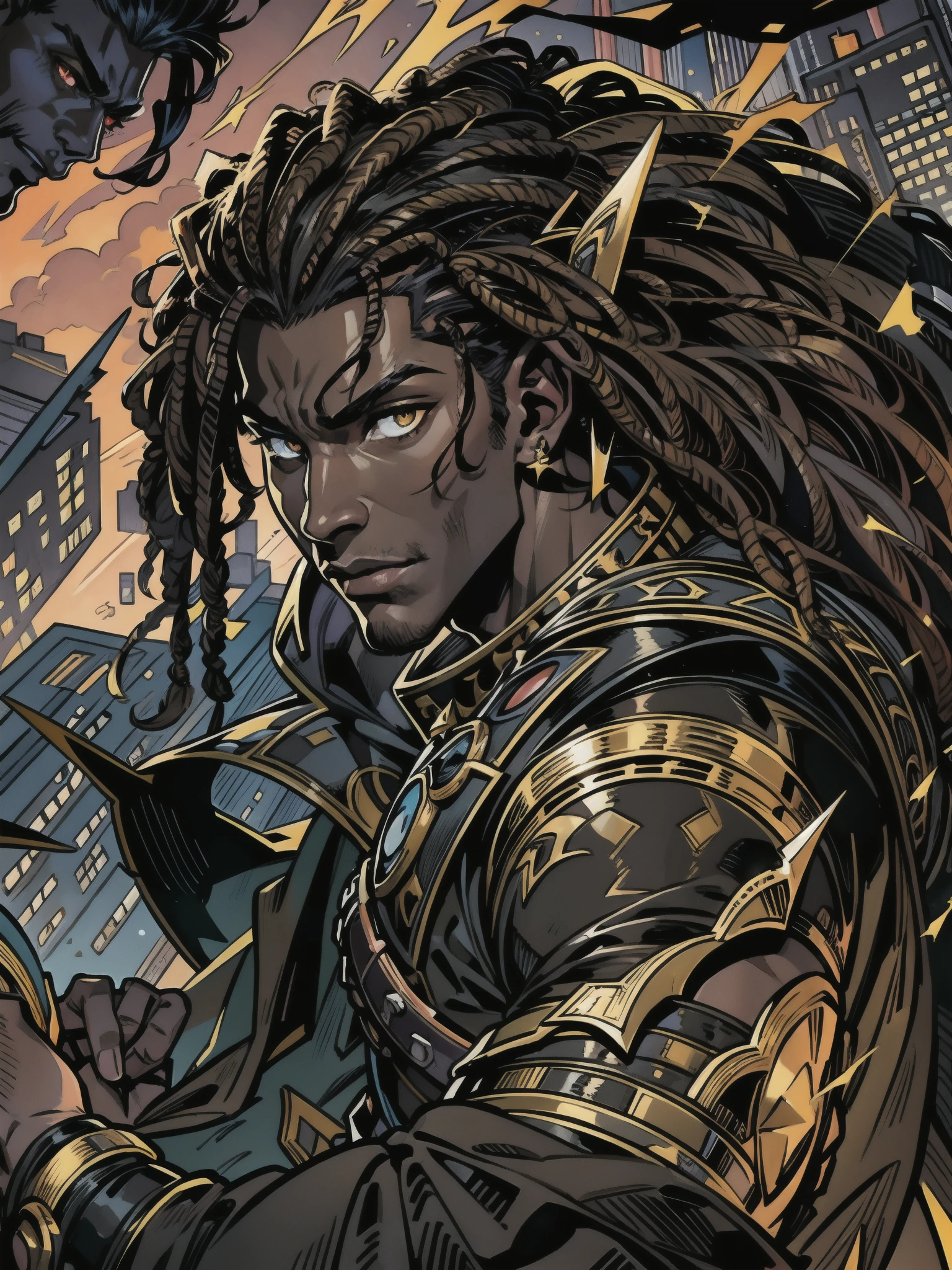 Portrait, Masterpiece, Excellent, 1boy, solo, complex details, color diffusion, comic book, anime, Marvel, DC, close-up, prince, dark skin, ebony, brown skin, dark-skinned male, dark hair, black hair, dreadlocks, golden eyes, epic attire, assassin, badass, trending, demon, anti-hero, young, royalty