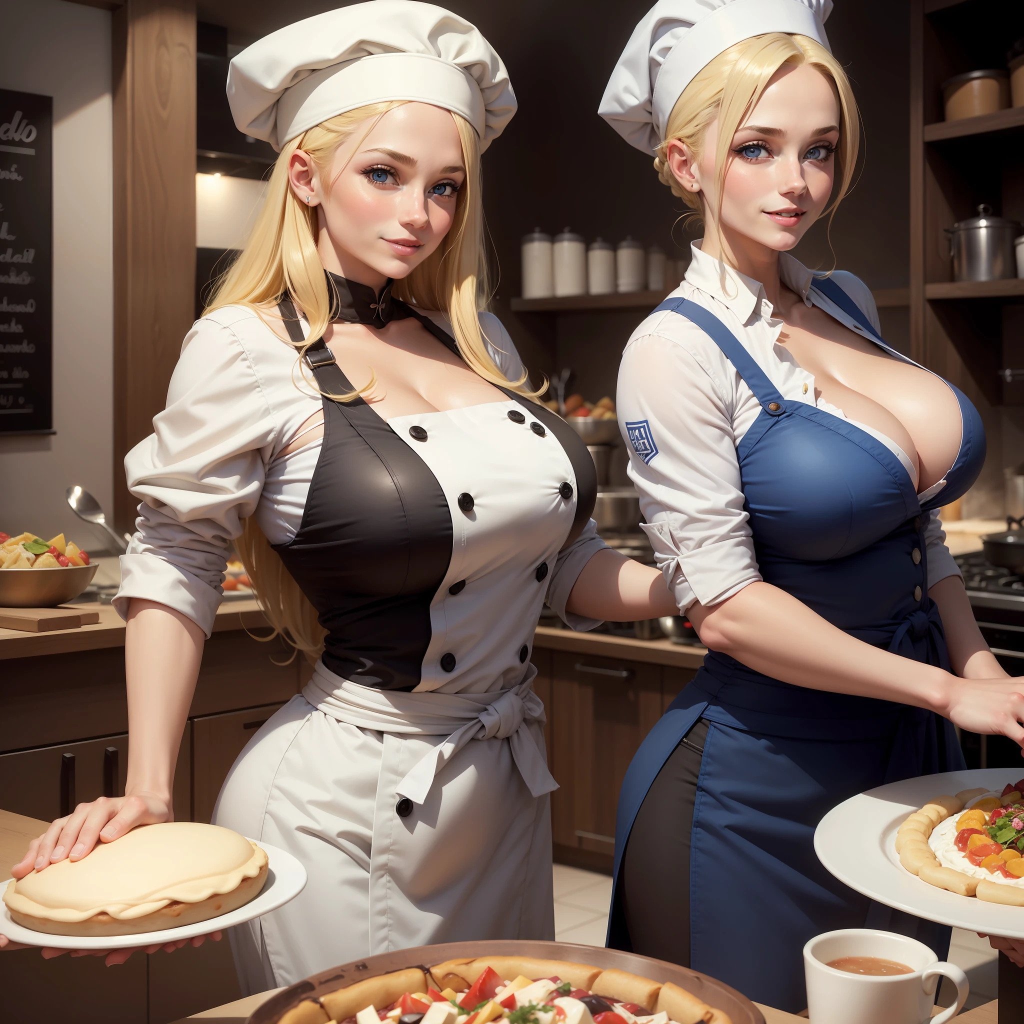 Beautiful woman chef. Big tits. Blonde hair. Blue eyes. Beautiful smile. Con delantal y gorro de chef de color negro. De pie en una cocina de un restaurante.. Muy detallado. Colores vivos. Alta calidad. Ultra detallada