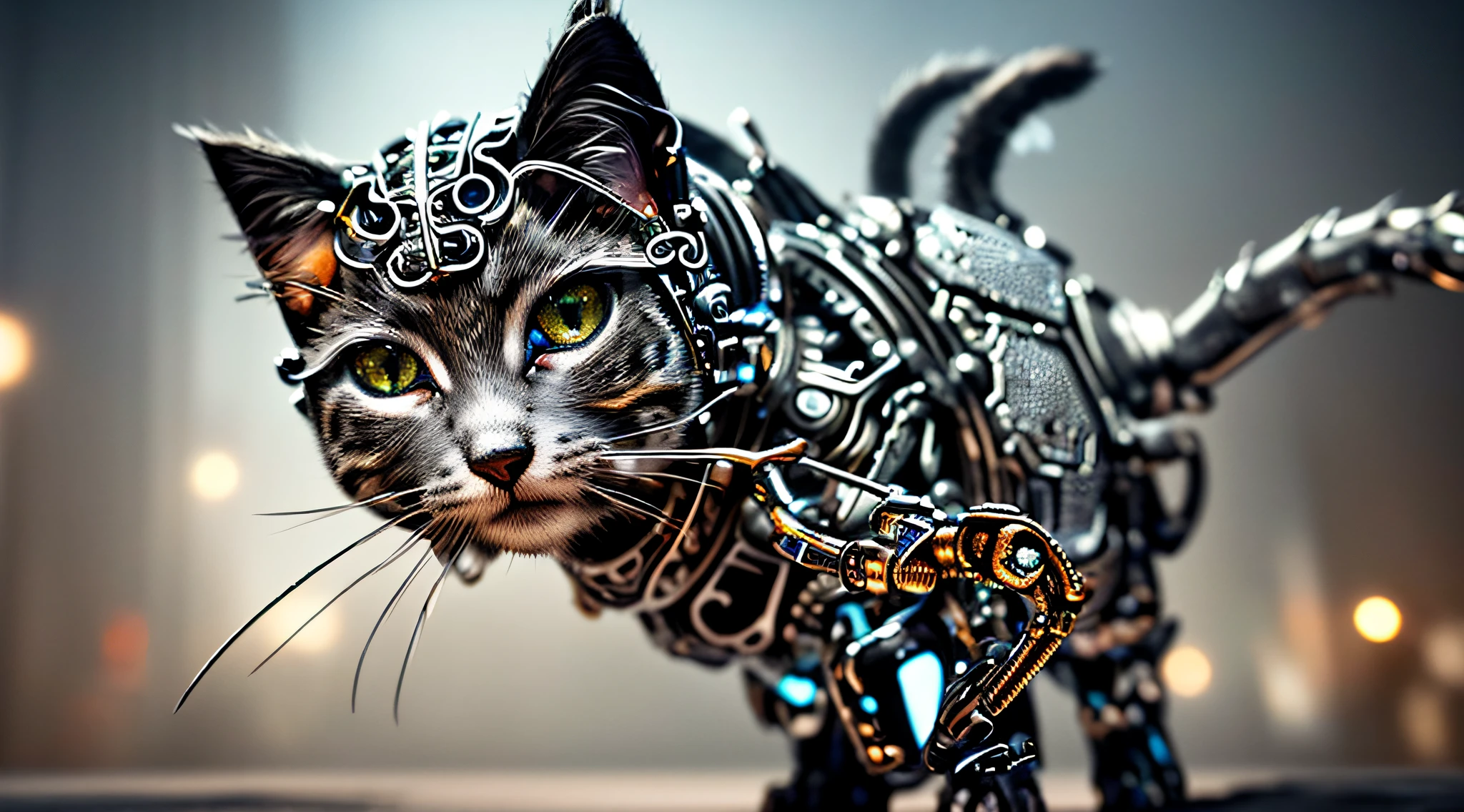 to8contrast style, a cute smoky kitten made out of metal, (cyborg:1.2), ([tail | detailed wire]:1.3), (intricate details), hdr, (intricate details, hyperdetailed:1.2), cinematic shot, vignette, centered, by Stray game, (the most beautiful portrait in the world:1.5)