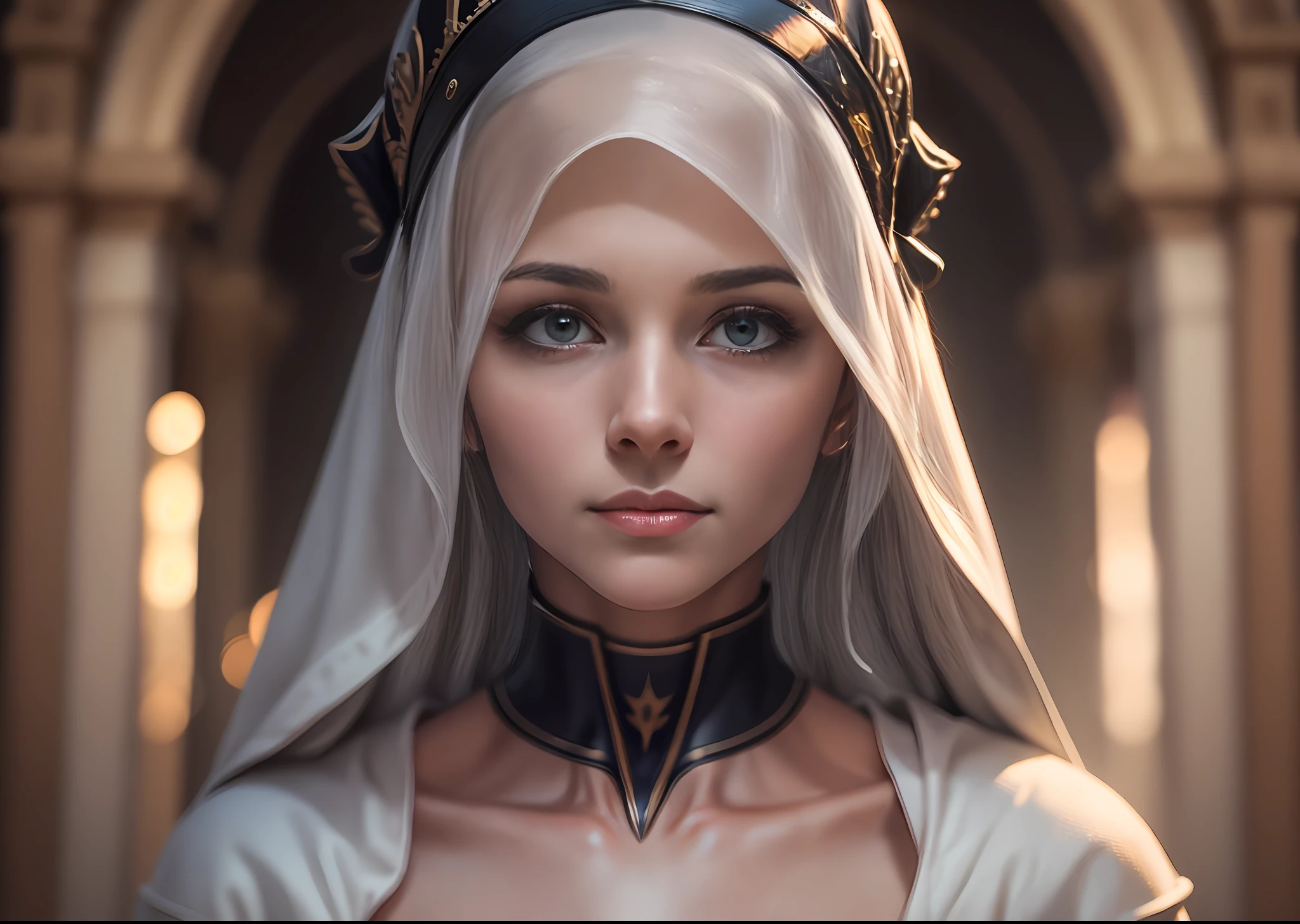 Virgin Mary, look of the one who loves, 4k, high resolution, masterpiece, best quality, sharp focus, (cinematic lighting), collarbone, [:(face detailed:1.2):0.2]