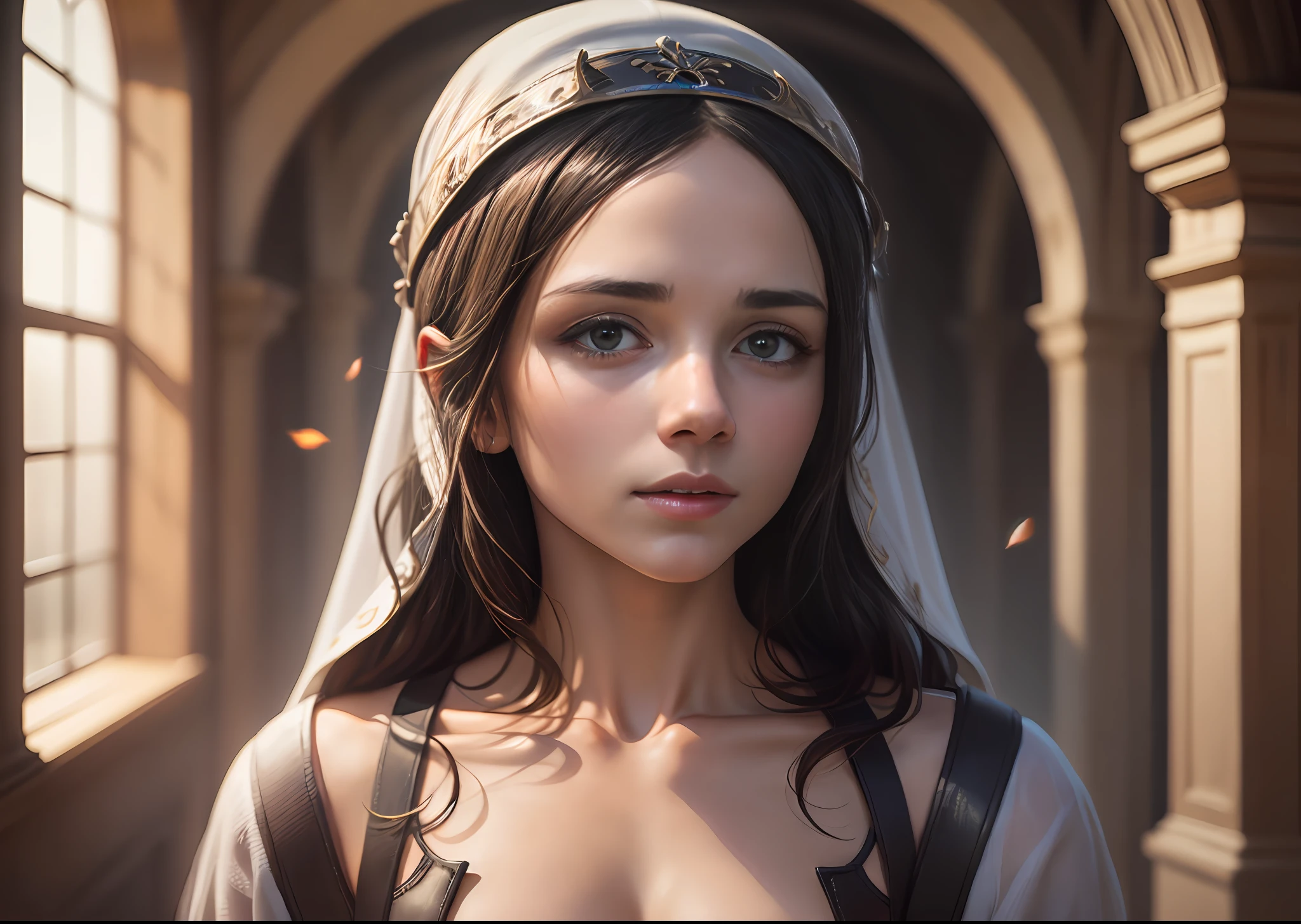 Virgin Mary, look of the one who loves, 4k, high resolution, masterpiece, best quality, sharp focus, (cinematic lighting), collarbone, [:(face detailed:1.2):0.2]
