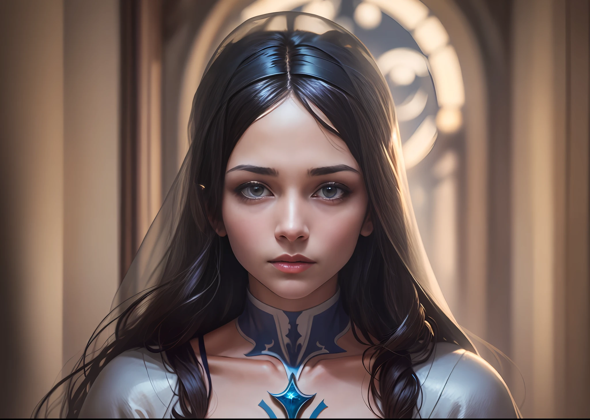 Virgin Mary, look of the one who loves, 4k, high resolution, masterpiece, best quality, sharp focus, (cinematic lighting), collarbone, [:(face detailed:1.2):0.2]