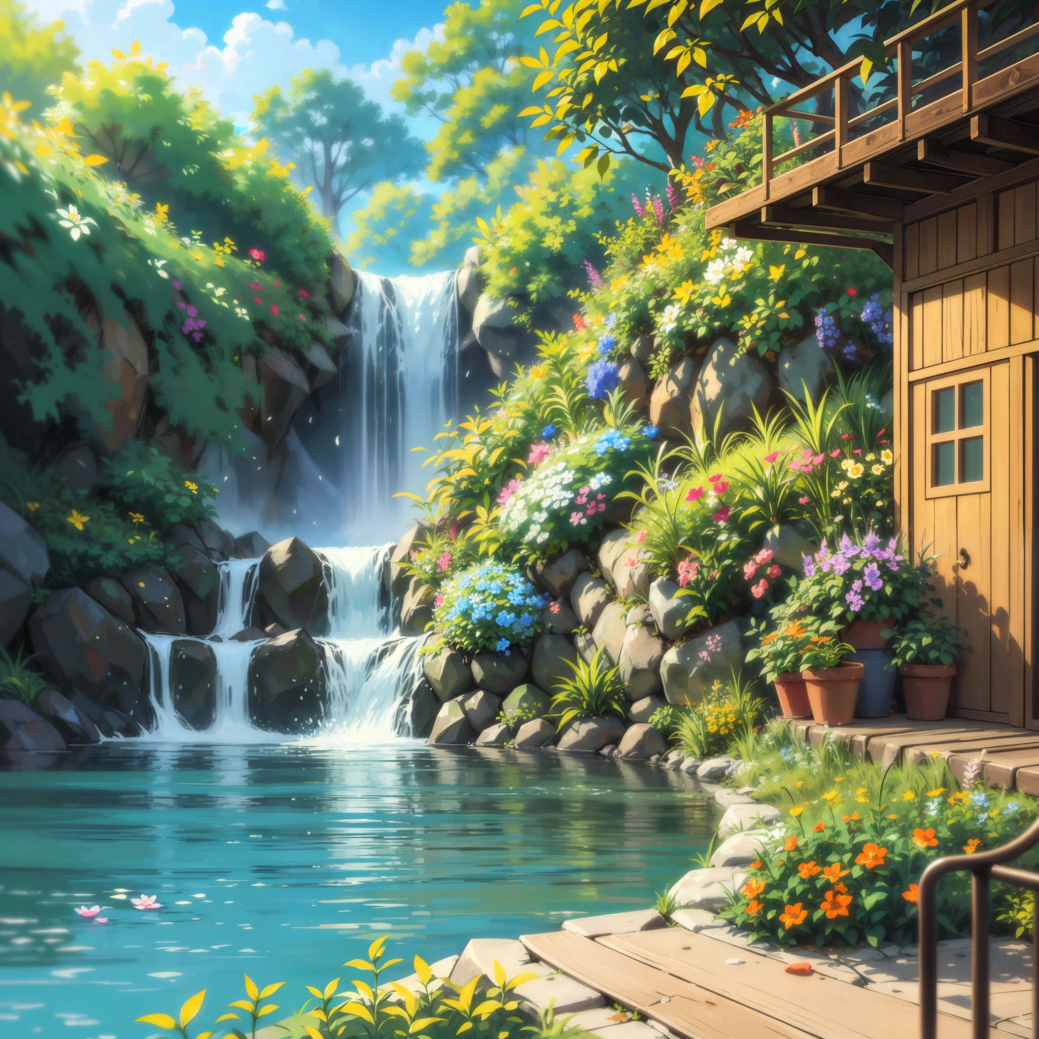 por do sol visto apartir do espelho d'agua de um pequeno riacho que conduz a um lindo lago, plantas e flores coloridas nas margens do riacho, borboletas nuvens coloridas, estilo anime, estilo desenho animado