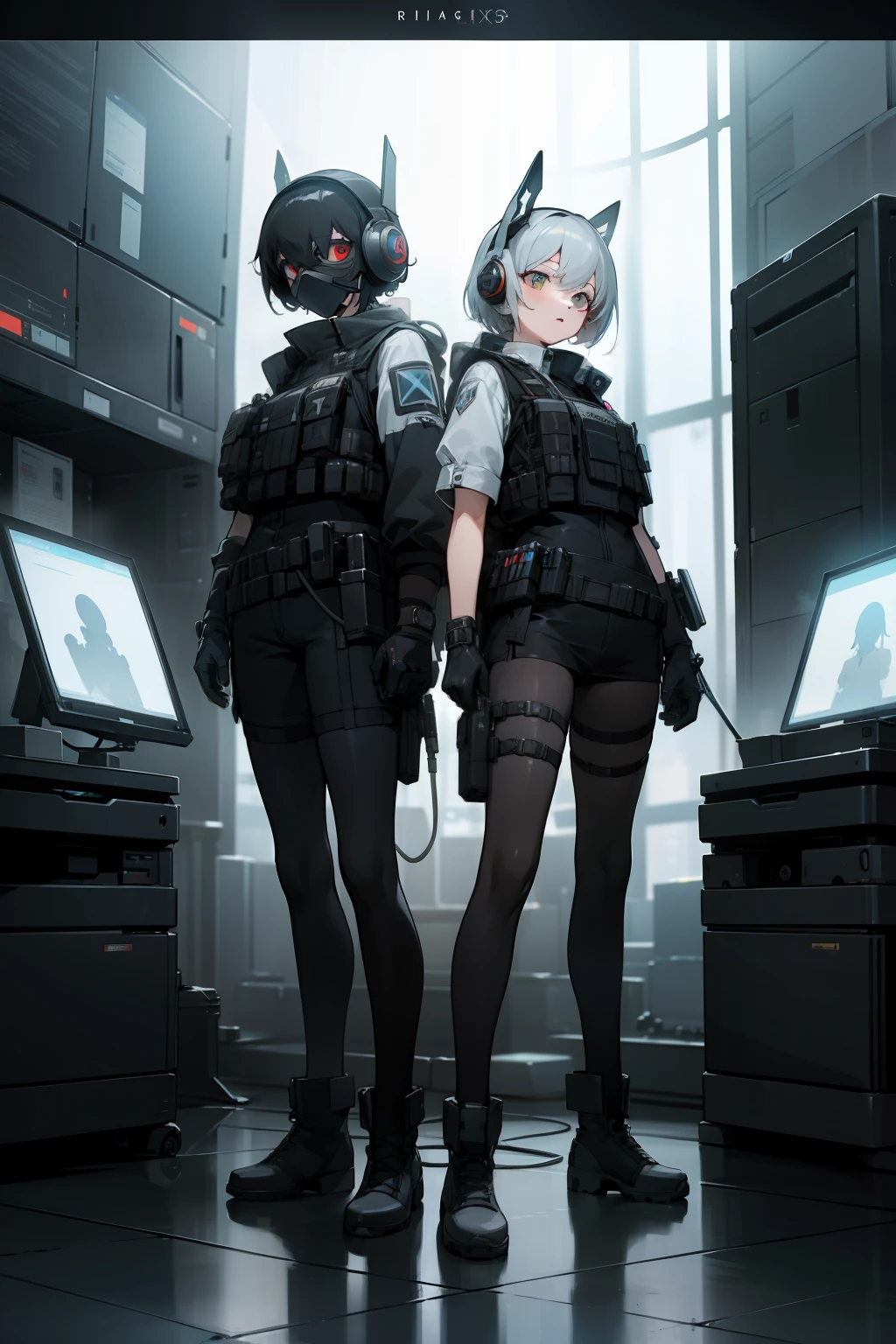 ((High Quality)), (Masterpiece), 8K, 2 Girls, Bulletproof Vest, Rays, Very Elaborate CG Unity 8K Wallpaper, Game CG, Watch Viewer, Gloves, Boots, Full Body, Watch, Computer, Mask, Drone, Weapon Holder, Headphones,