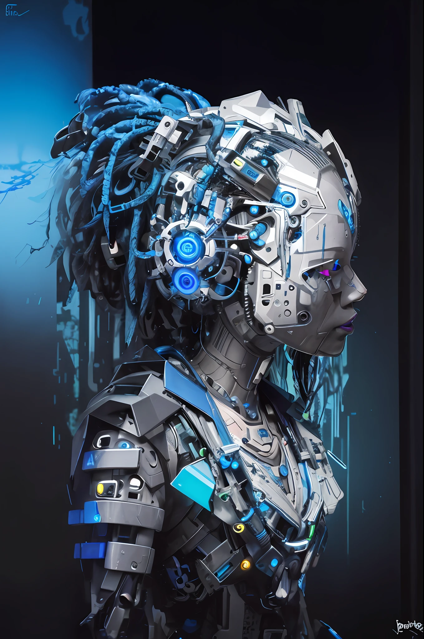 Un primer plano de un robot con rastas y un fondo azul, Portrait of a cyberpunk machine, Retrato de una reina cyborg, Retrato detallado de un cyborg, Cyberpunk Medusa, Cyber dreadlocks, Arte ciberpunk digital avanzado, Retrato de un cyborg cyberpunk, Estatua cyberpunk, Retrato de un cyborg, psychedelic organic cyborg, Estilo cyberpunk hiperrealista