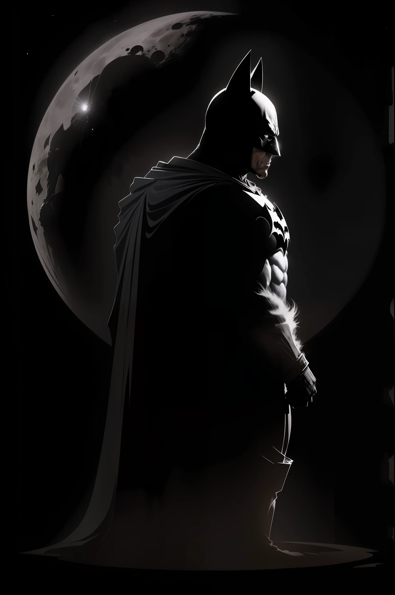 A silhouette of Batman standing in front of the moon. He is wearing his classic costume, The image is black and white, and the background is black. The print is minimalist and elegant, and it would be perfect for a cotton T-shirt.
