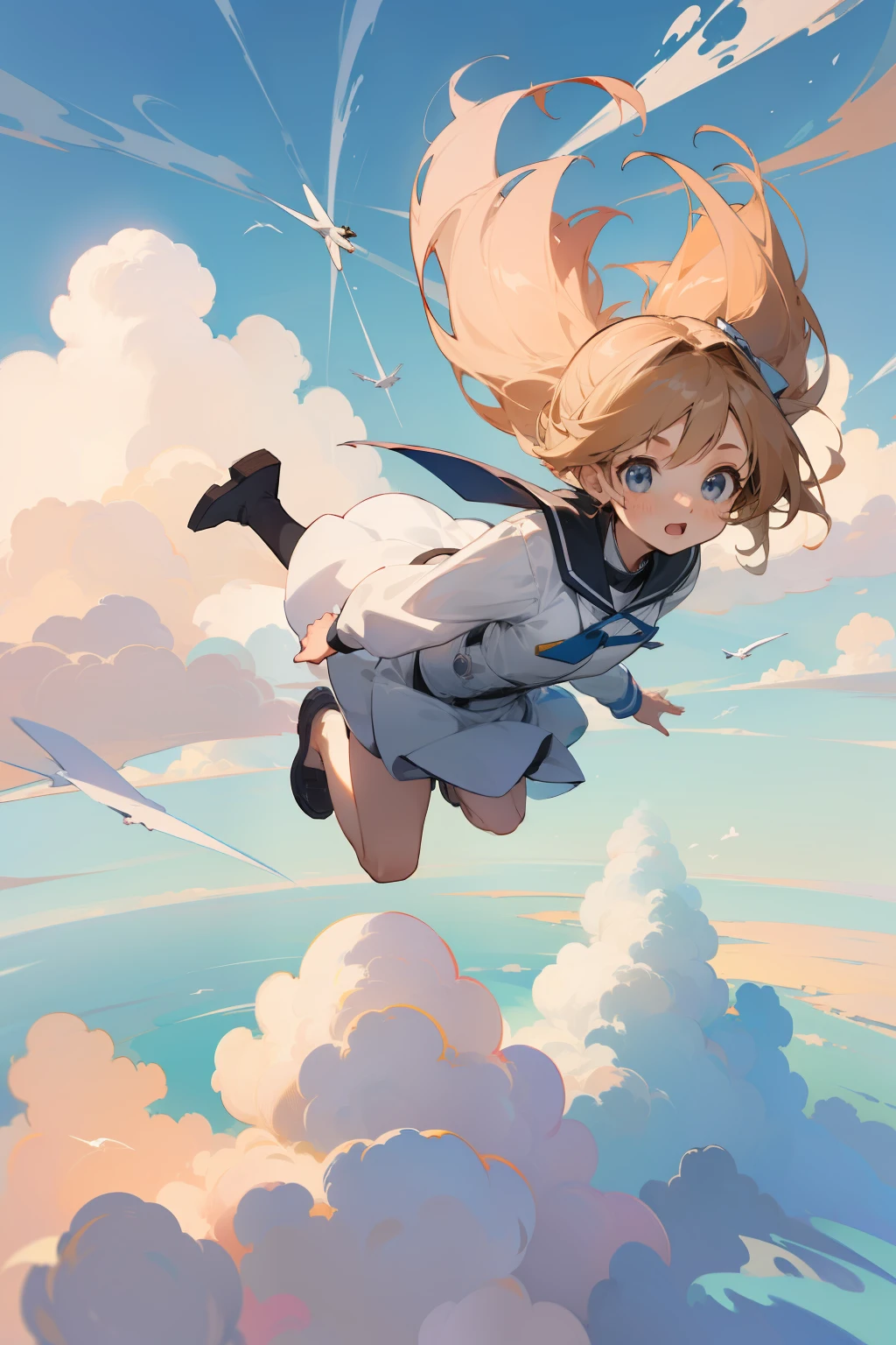 masterpiece, best quality, highres, cute girl flying through clouds, cloud, flying, jumping, falling,