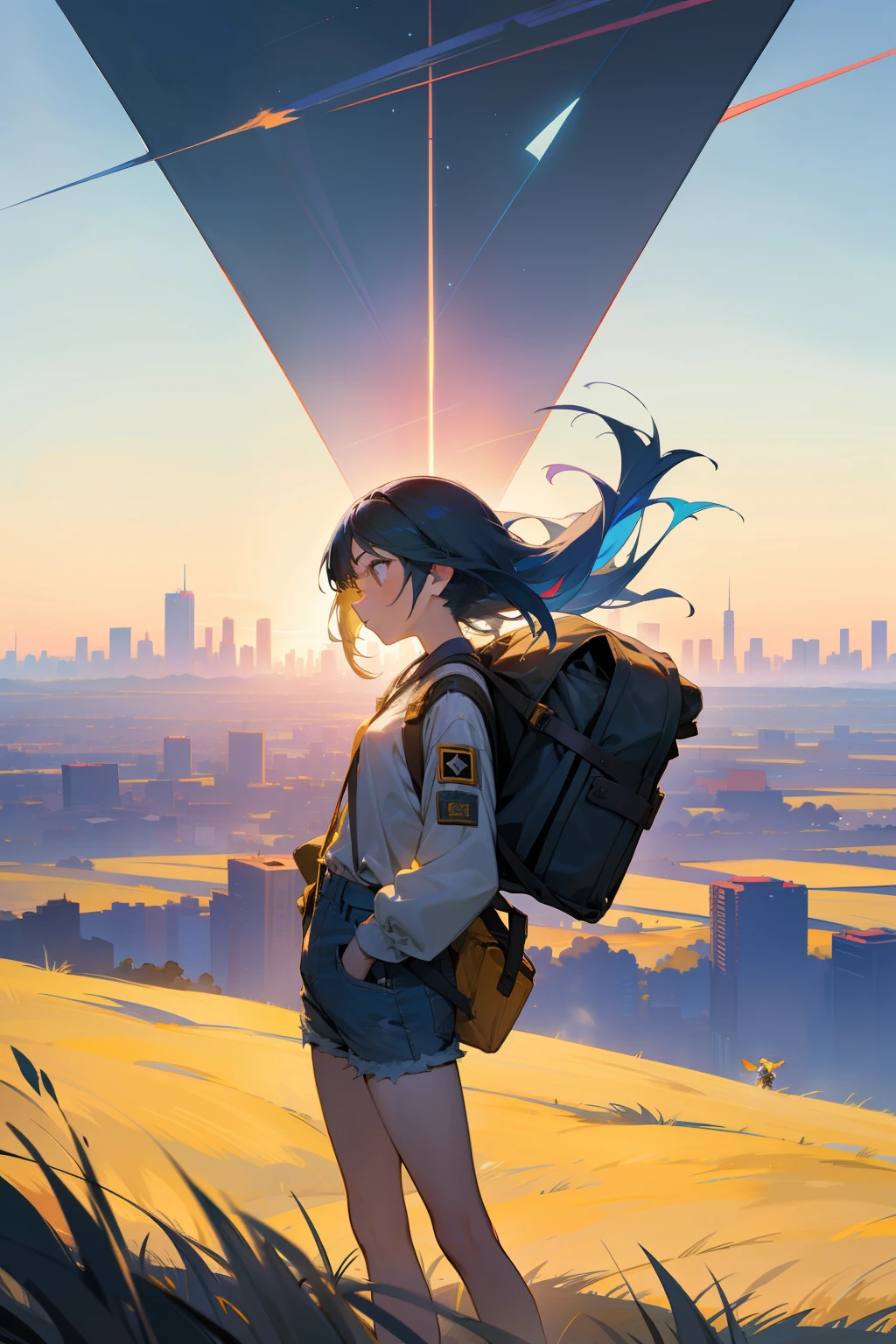 The vast sky, beautiful skyline, large grasslands, extremely tense and dramatic pictures, moving visual effects, the high-hanging Polaris, and colorful natural light. Long-sleeved top, denim shorts, and a girl with a backpack.