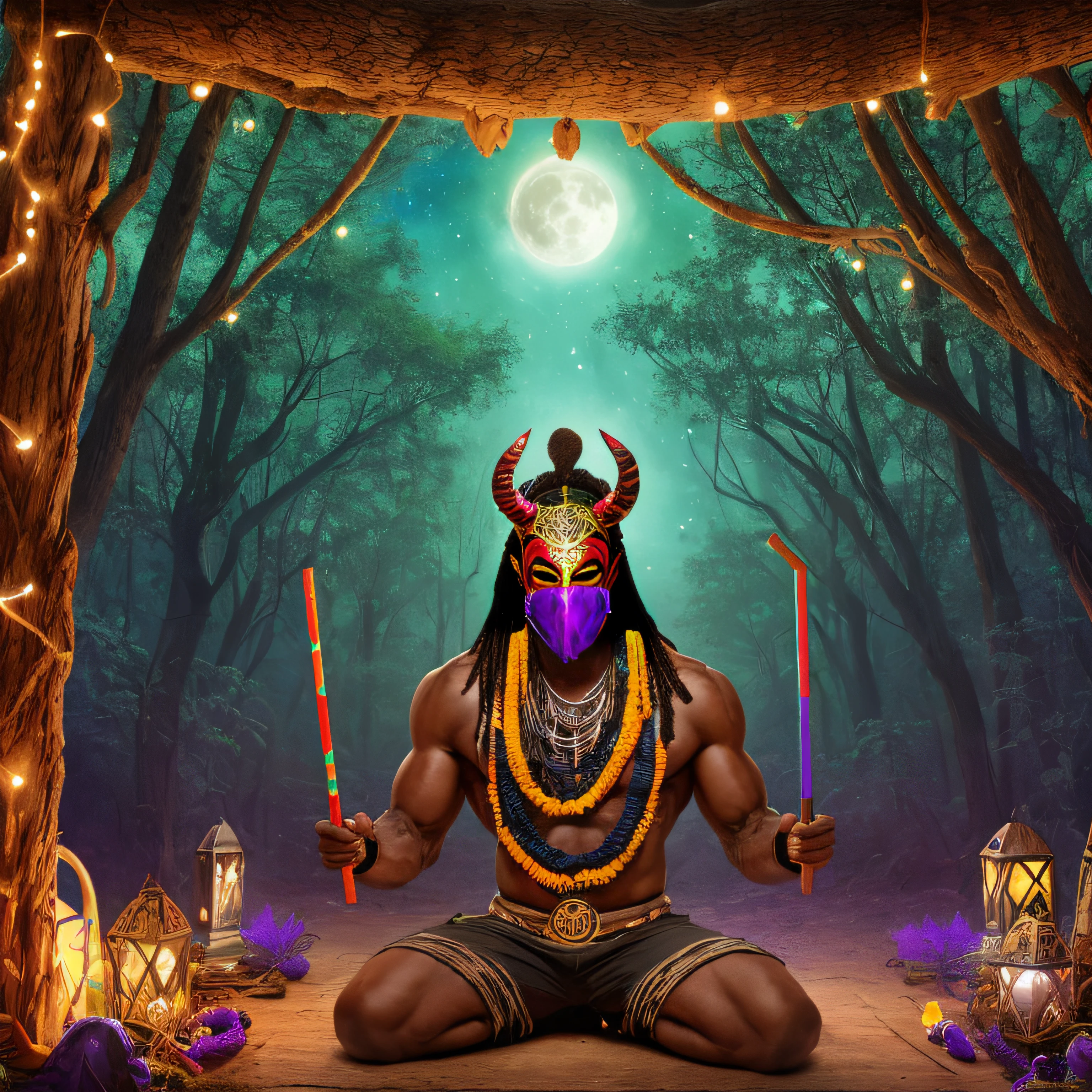 A muscular African man, with long hair, wearing a large straw hat covering half of his face, wearing white ethnic pants, levitating, background composed of a forest illuminated by the light of the moon, full and waning moons, half-moon, starry sky, stone and wooden floor, mystical lights around the African man, branches of trees by the environment,  knives, daggers on the ground, big old trees with passages to other dimensions, portals opened by the forest, voodoo, ritualistic symbols, very large African man levitating with open arms, no T-shirt, best quality, masterpiece, high resolution, 8k, hyper-realistic image, professional photo, realistic image, full body view, bottom-up angle, African God dressed as a tribal devil,  African god in the forest, masked and muscular man, masked man with wings, naked and painted body, predominance of colors, purple, turquoise blue, yellow and silver, background composed of wooden room with open door to a forest illuminated by moonlight, tribal mask, mask covering eyes and mouth, colored macara, straw mask, scary mask,  MASK, colorful and full moons, starry sky, wooden house with ritualistic objects, voodoo, tree branches entering the wooden house through the door, wooden house catching cute, snakes by the environment