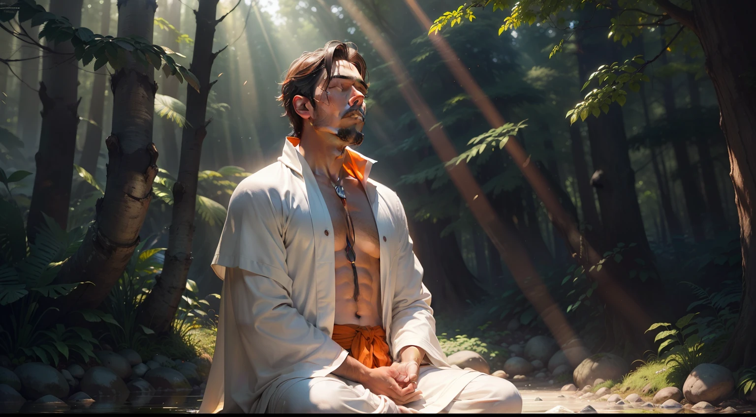 drawing, ultra realistic, 8k, extremely detailed, high quality, natural light image, sunlight earth, ultra realistic image, Realistic texture, extremely detailed, high quality, male, young 20s, (perfect skin, detailed, hyperrealistic, pores high quality) (Realistic goatee, well defined) (Man in white robe, orange, Tibetan monk style), eyes closed, peaceful facial expression, meditating deeply under a tree line, in the surroundings a colorful forest, mountains, sun rays penetrating the forest, Rich colors hyper realistic texture, forest, daytime, natural light, frontal image