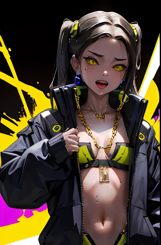 masterpiece, best quality, highres, "A solo shot featuring 1girl, rebecca \(cyberpunk\) showcasing her skill as a rapper.. sick cash money gold chains grillz bling yo!" ,