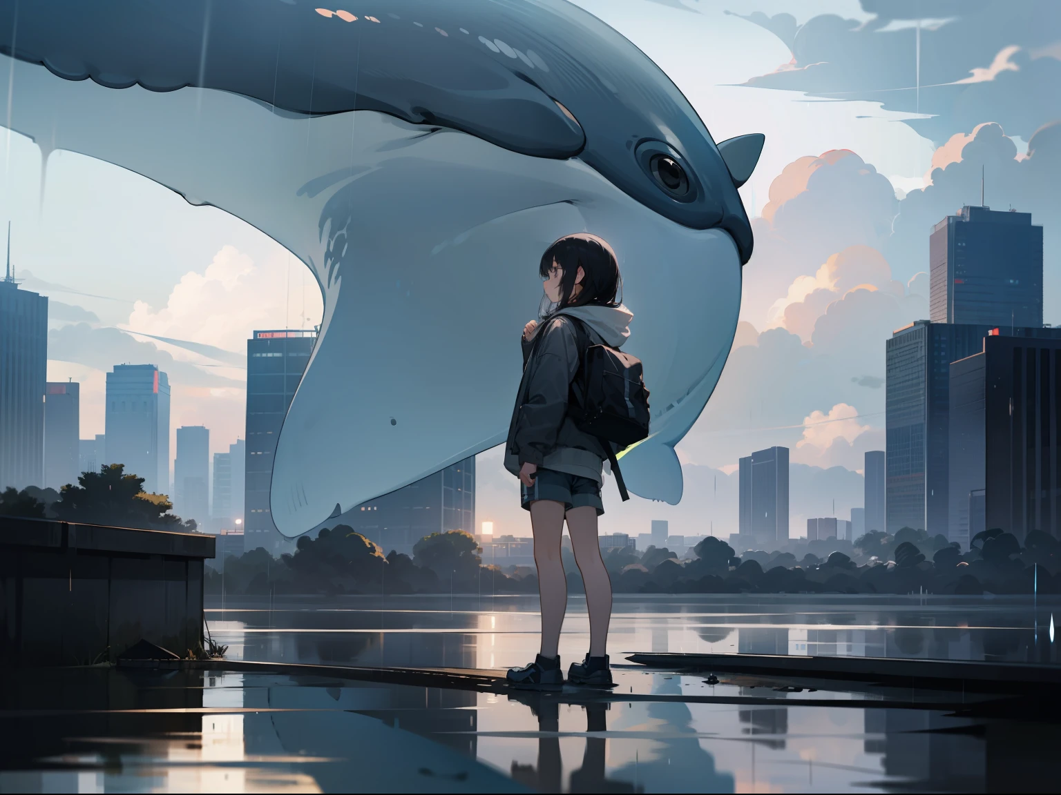 1girl in, Solo, Black hair, Jacket, Outdoors, skyporn, Shorts, cloud, Water, Cloudy sky, building, Rain, clock, Wide Shot, Gray shorts, vague, Whale,