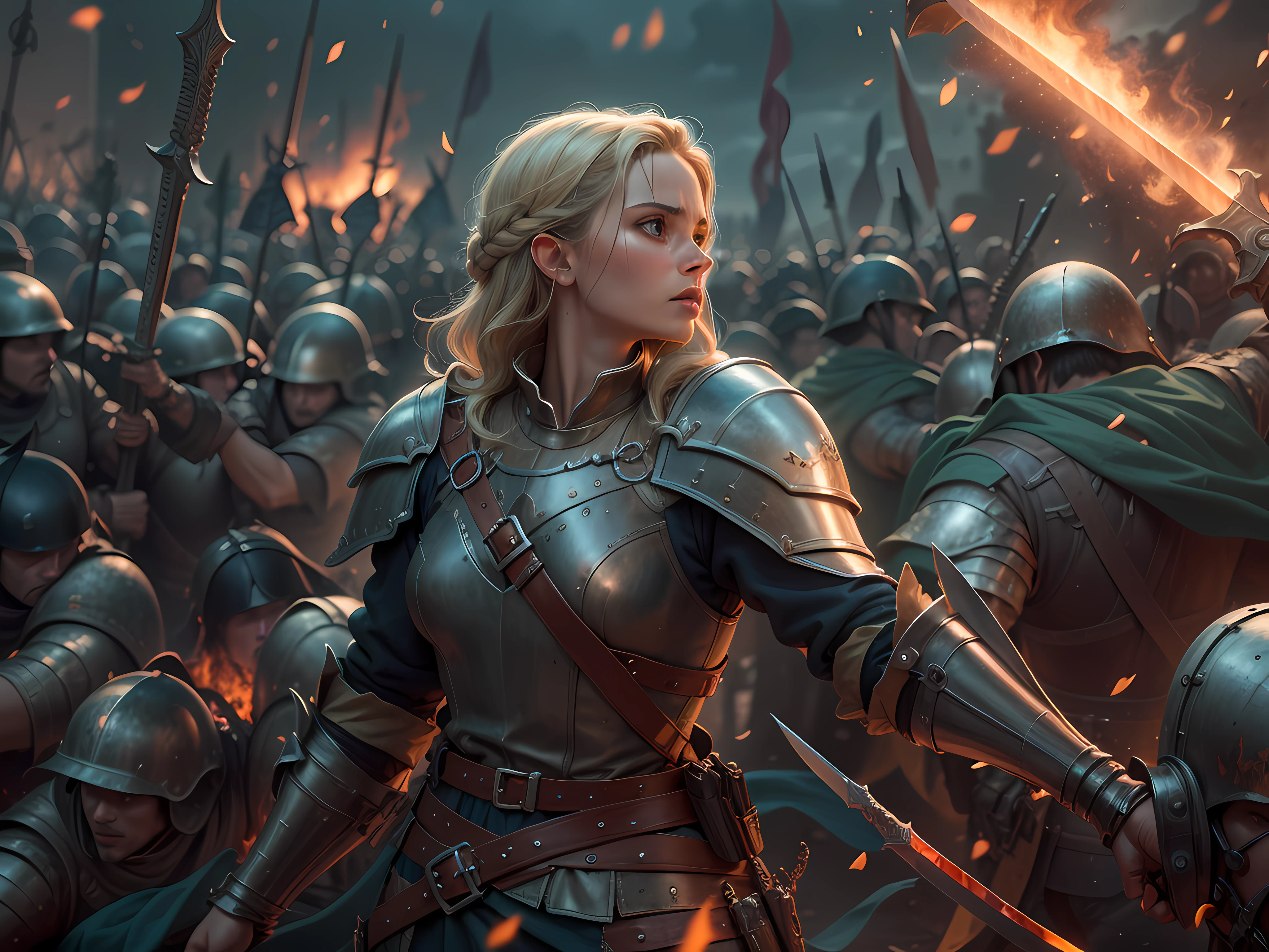 a European girls, solo, Blonde, tanned skin, cold-looking blue eyes, thin face, ripped body, wearing leather armor, leather legging, highnoon boots, carry a sword by waist and 2 pistol behind waist, masterpiece, best quality, Joan of Arc leading her army into battle, heroic, bright, moody, intense, fantasy knight, realistic shadows, high quality, ultra detailed in 4k, 8k, high resolution, sharp focus, depth of field, faded, (neutral colors:1.2), (hdr:1.4), (muted colors:1.2), hyperdetailed, (artstation:1.4), cinematic, warm lights, dramatic light, (intricate details:1.1), complex background, (rutkowski:0.66), (teal and orange:0.4)", steampunk battle city background, monster in a battlefield of blood and fire. As he fought, the bodies of his enemies piled up around her, but he remained untouched, his figure growing larger and more majestic with each passing moment. Finally, after defeating the entire army alone, the general stood victorious, his sword still raised high. His bravery and triumph filled the battlefield with a sense of solemn grandeur. hdr, (photorealism, masterpiece quality, best quality). masterpiece, best quality, Joan of Arc leading her army into battle, heroic, bright, moody, intense