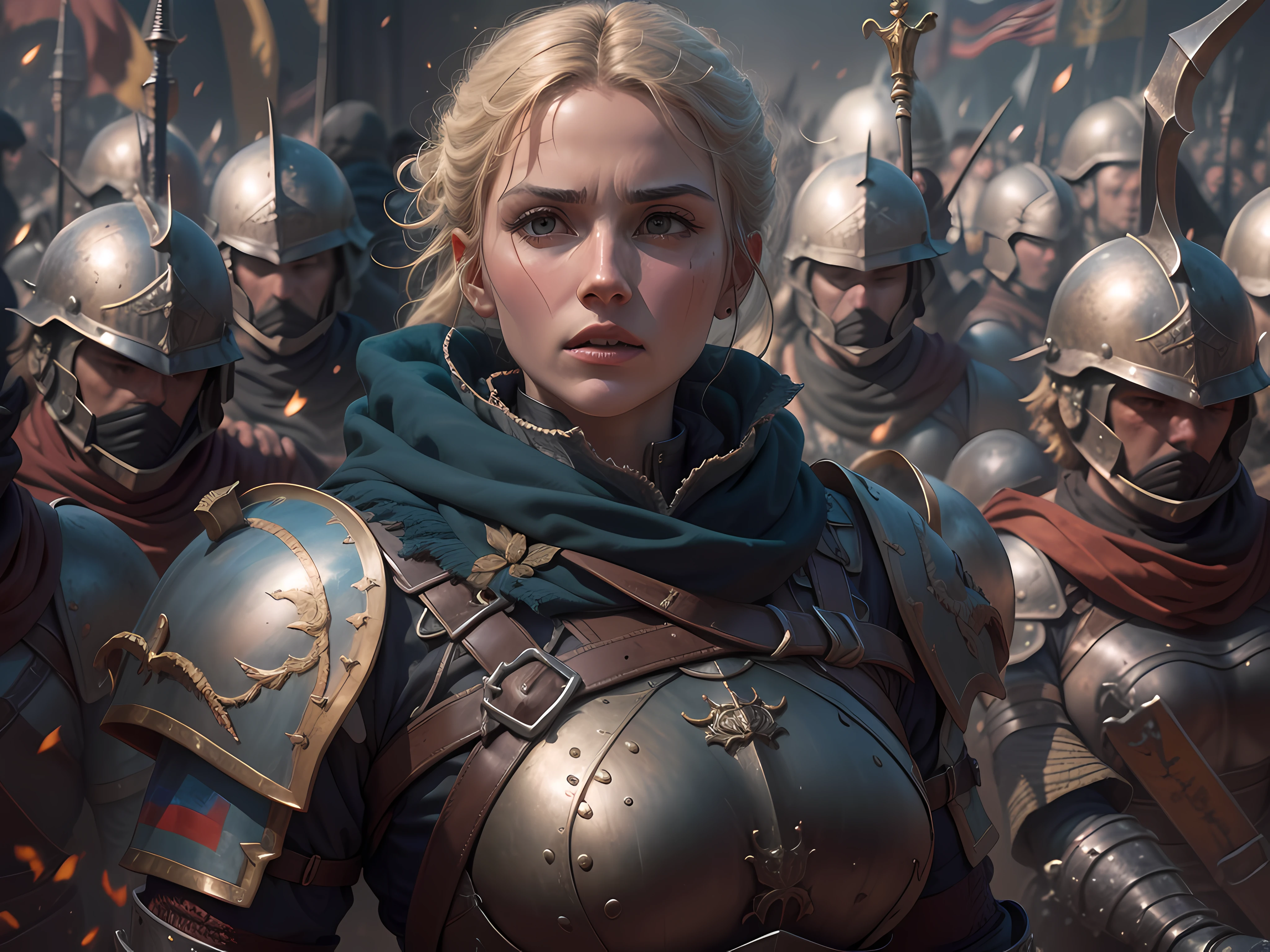 a European girls, solo, Blonde, tanned skin, cold-looking blue eyes, thin face, ripped body, wearing leather armor, leather legging, highnoon boots, carry a sword by waist and 2 pistol behind waist, masterpiece, best quality, Joan of Arc leading her army into battle, heroic, bright, moody, intense, fantasy knight, realistic shadows, high quality, ultra detailed in 4k, 8k, high resolution, sharp focus, depth of field, faded, (neutral colors:1.2), (hdr:1.4), (muted colors:1.2), hyperdetailed, (artstation:1.4), cinematic, warm lights, dramatic light, (intricate details:1.1), complex background, (rutkowski:0.66), (teal and orange:0.4)", steampunk battle city background, monster in a battlefield of blood and fire. As he fought, the bodies of his enemies piled up around her, but he remained untouched, his figure growing larger and more majestic with each passing moment. Finally, after defeating the entire army alone, the general stood victorious, his sword still raised high. His bravery and triumph filled the battlefield with a sense of solemn grandeur. hdr, (photorealism, masterpiece quality, best quality). masterpiece, best quality, Joan of Arc leading her army into battle, heroic, bright, moody, intense