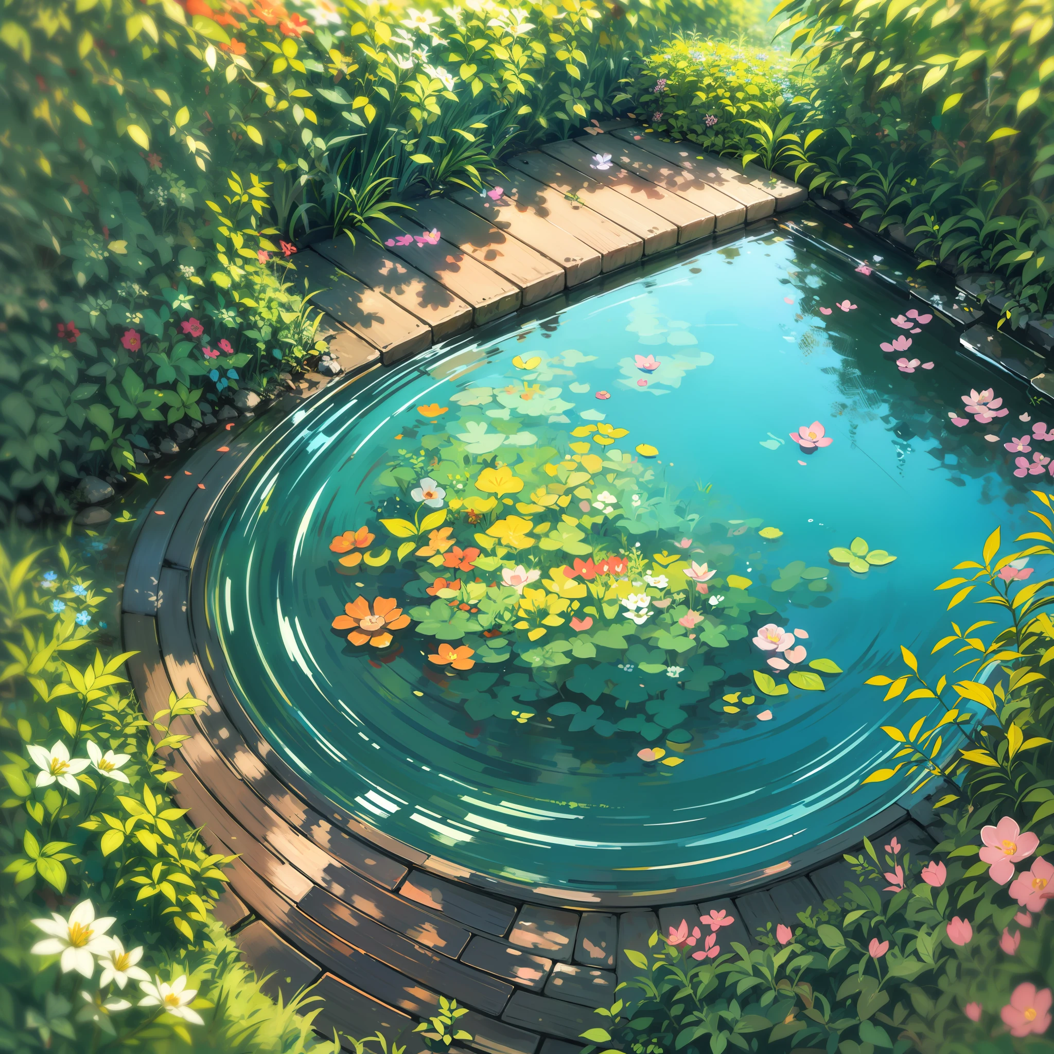 por do sol visto glorioso ao fundo refletido no espelho d'agua de um pequeno riacho que conduz a um lindo lago, plantas e flores coloridas nas margens do riacho, borboletas nuvens coloridas, estilo anime, estilo desenho animado