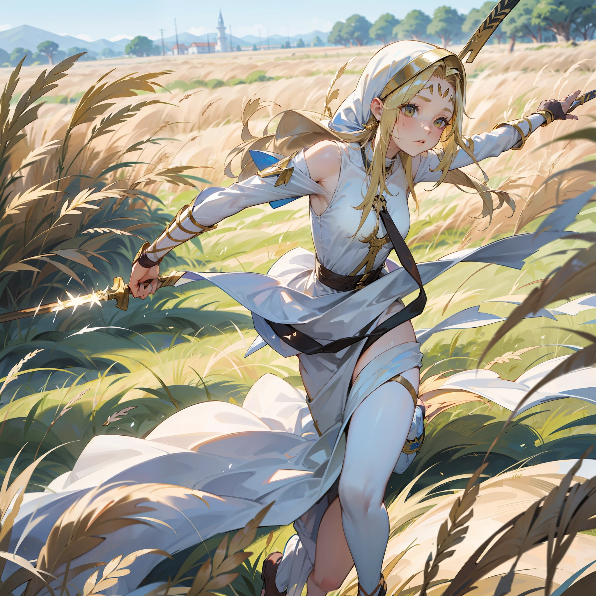 Una guerrera  corriendo con los brazos extendidos y una espada en cada mano. Run quickly through a field of grain.. Tiene el pelo largo y suelto, Lleva armadura de cuero grueso y madera.