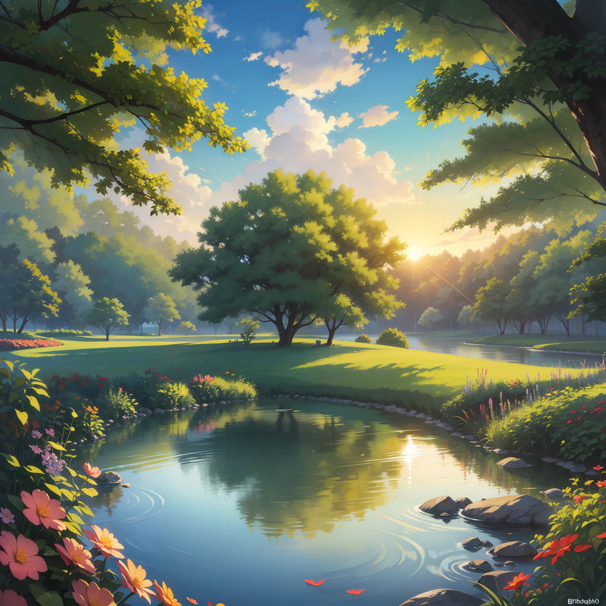 por do sol visto glorioso ao fundo refletido no espelho d'agua de um pequeno riacho que conduz a um lindo lago, plantas e flores coloridas nas margens do riacho, borboletas nuvens coloridas, estilo anime, estilo desenho animado