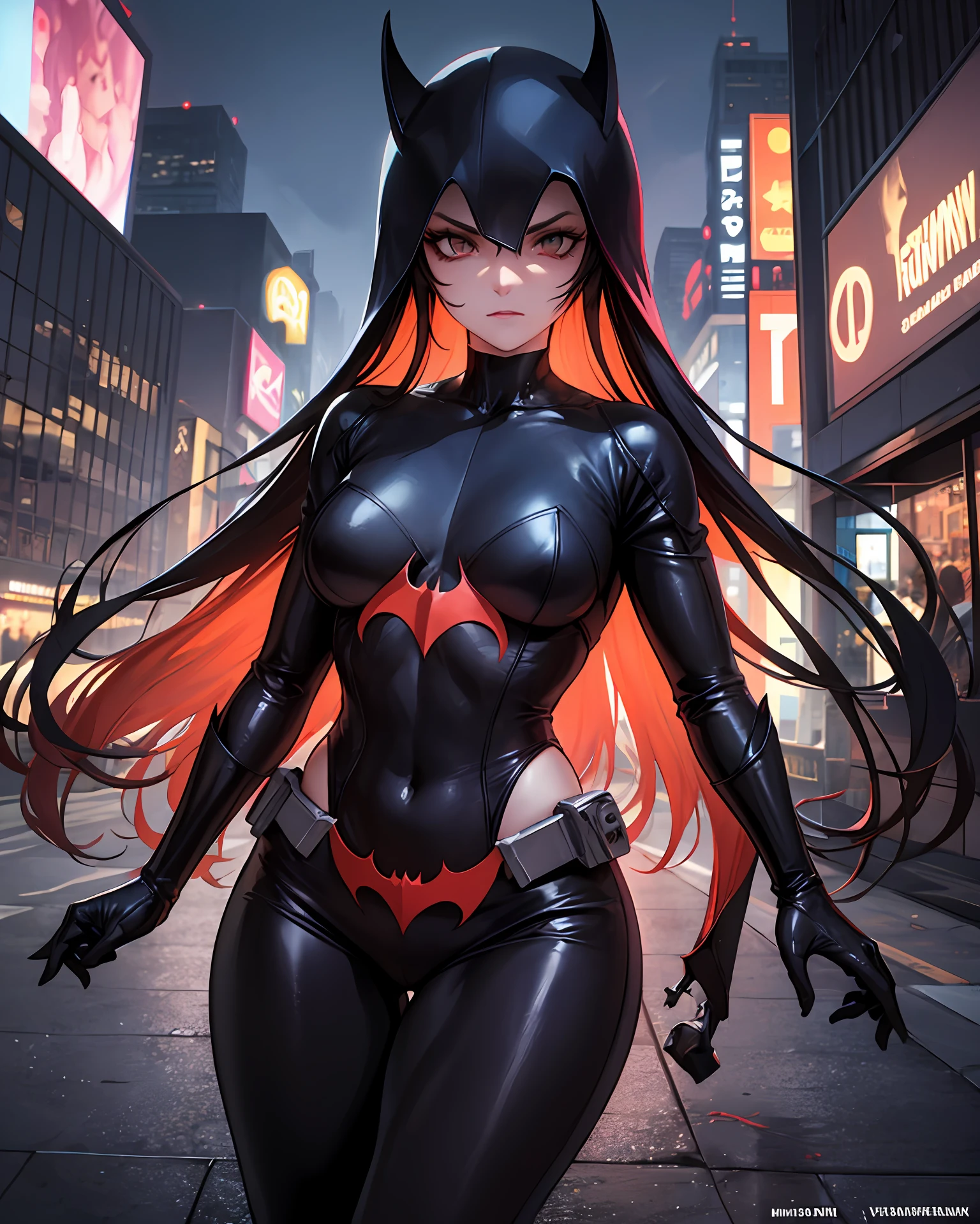 scenecy: The image will be set in a nocturnal cityscape, with skyscrapers and dark alleys, evocando a atmosfera misteriosa e intrigante de Gotham City.Pose: Batwoman will be in a dynamic pose and ready for action. Ela pode estar empunhando seu famoso batarangue ou preparada para usar suas habilidades de artes marciais.face expression: Your face will be determined, refletindo a coragem e o compromisso que a tornam uma protetora de Gotham City.Uplighting: The image will have a creative use of lights and shadows to emphasize the character's duality – her dark nature as a vigilante and the light she brings when fighting crime.