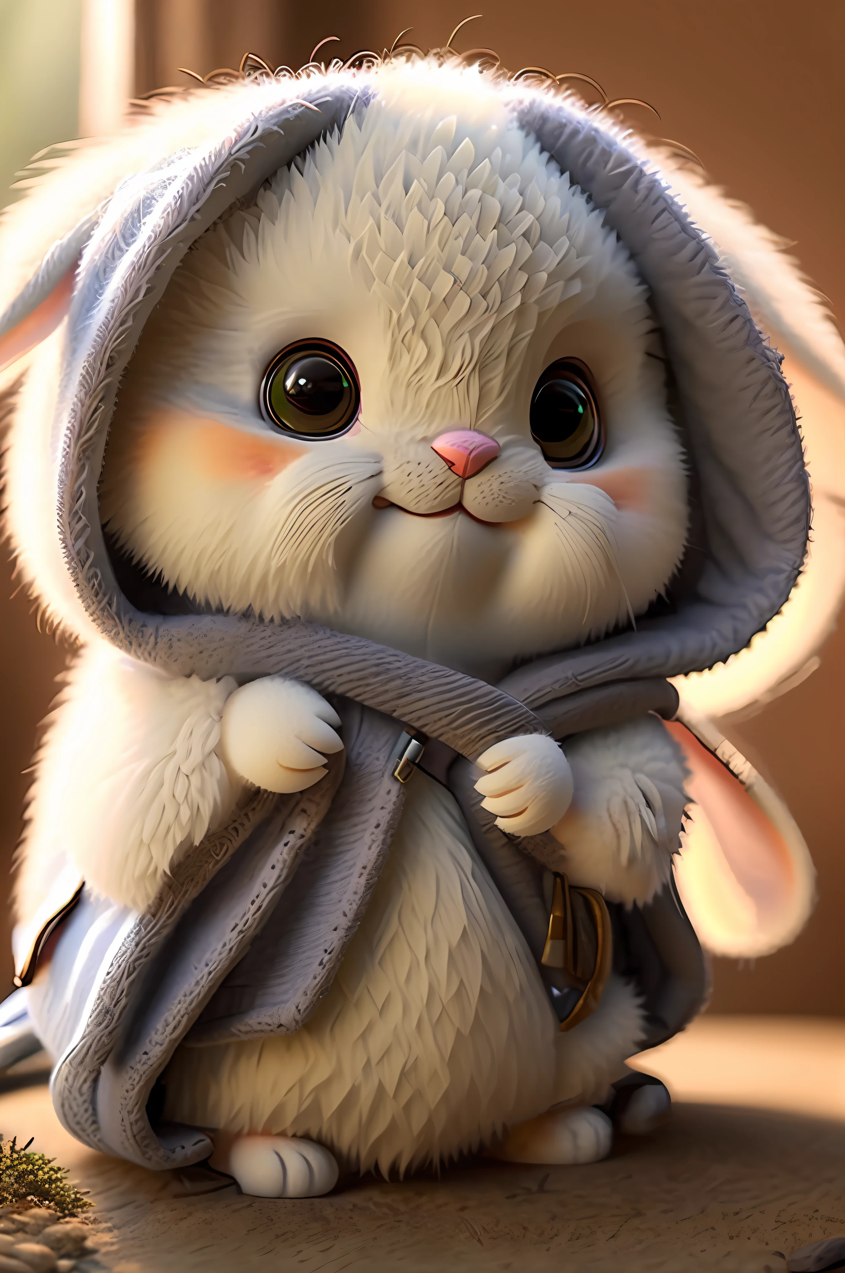 There's a little stuffed animal wearing a hoodie, cute anthropomorphic bunny, bonito 3 d render, painting digital adorable, arte digital detalhada bonito, arte digital bonito, personagem bonito dos desenhos animados, fofo! c4d, cute adorable, personagem bonito, adoravelmente fofo, animal bonito, cute and adorable, anthropomorphic bunny, desenho animado bonito, criatura fofa