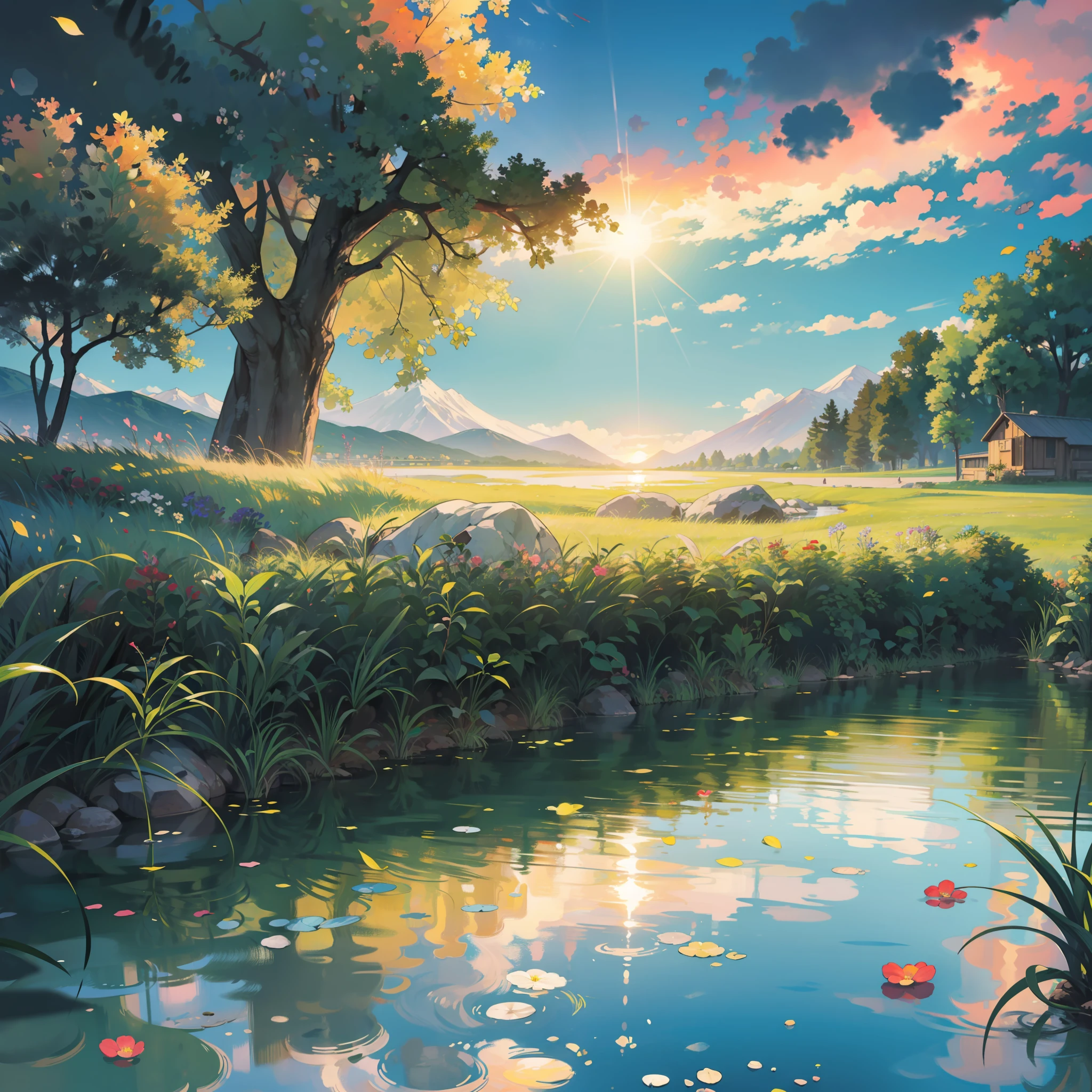 por do sol visto glorioso ao fundo refletido no espelho d'agua de um pequeno riacho que conduz a um lindo lago, plantas e flores coloridas nas margens do riacho, borboletas nuvens coloridas, estilo anime, estilo desenho animado