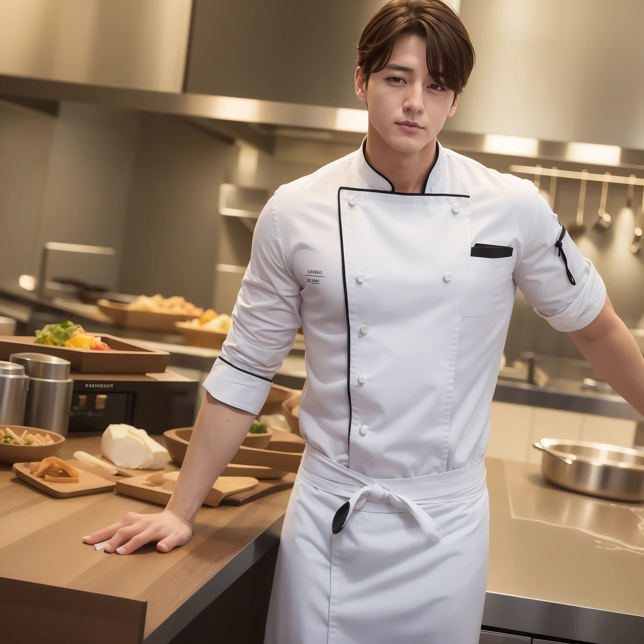 Handsome sexy chef Jungkook in la cocina de un restaurante. Fotorrealista. High quality. Ultra detallada.