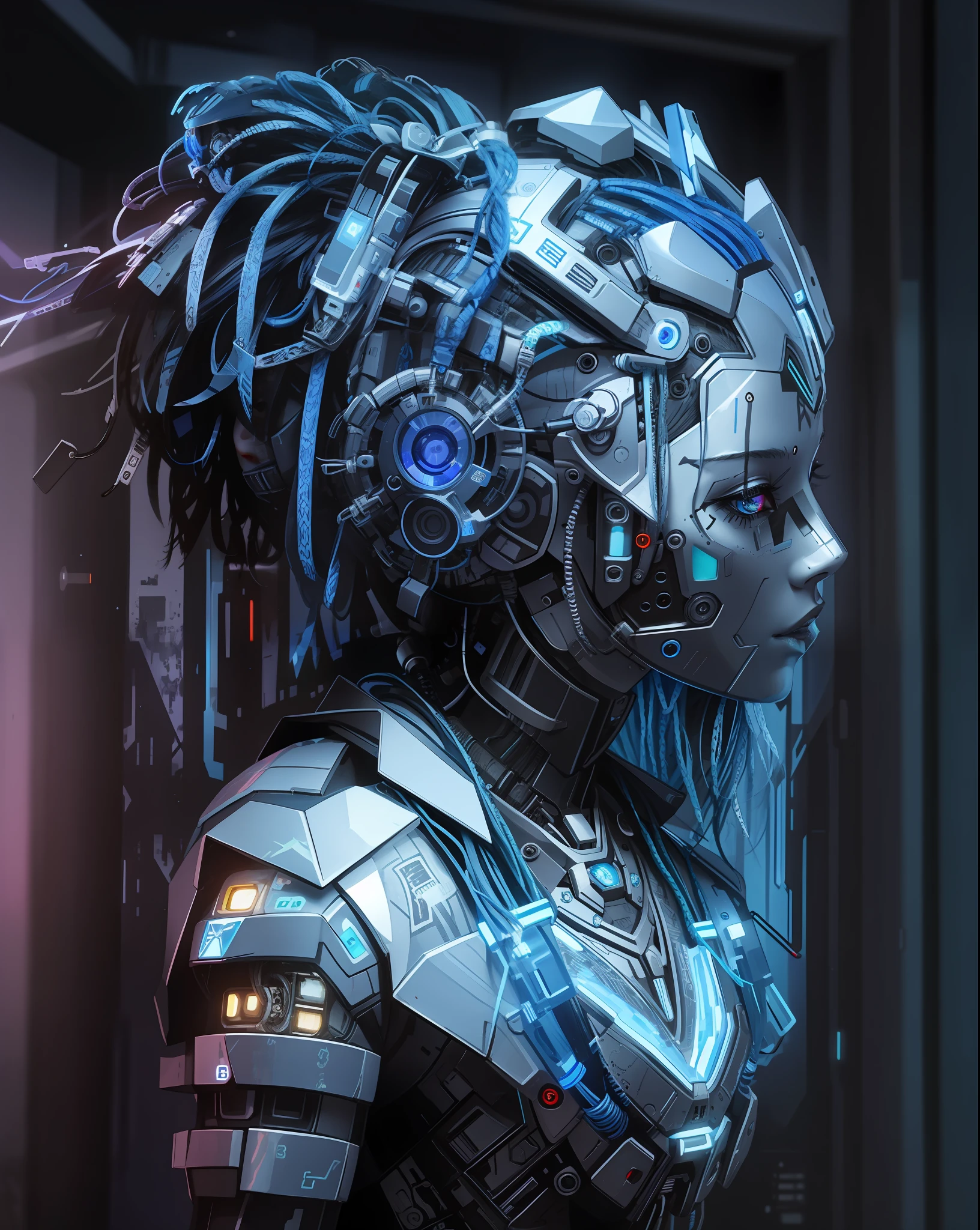 Un primer plano de un robot con rastas y un fondo azul, Portrait of a cyberpunk machine, Arte ciberpunk digital avanzado, Retrato de una reina cyborg, Cyberpunk Medusa, Cyber dreadlocks, Estatua cyberpunk, Estilo cyberpunk hiperrealista, Mecanoide cyberpunk de moda, Estilo de arte cyberpunk, Retrato detallado de un cyborg, Arte cyberpunk, cyberpunk themed art