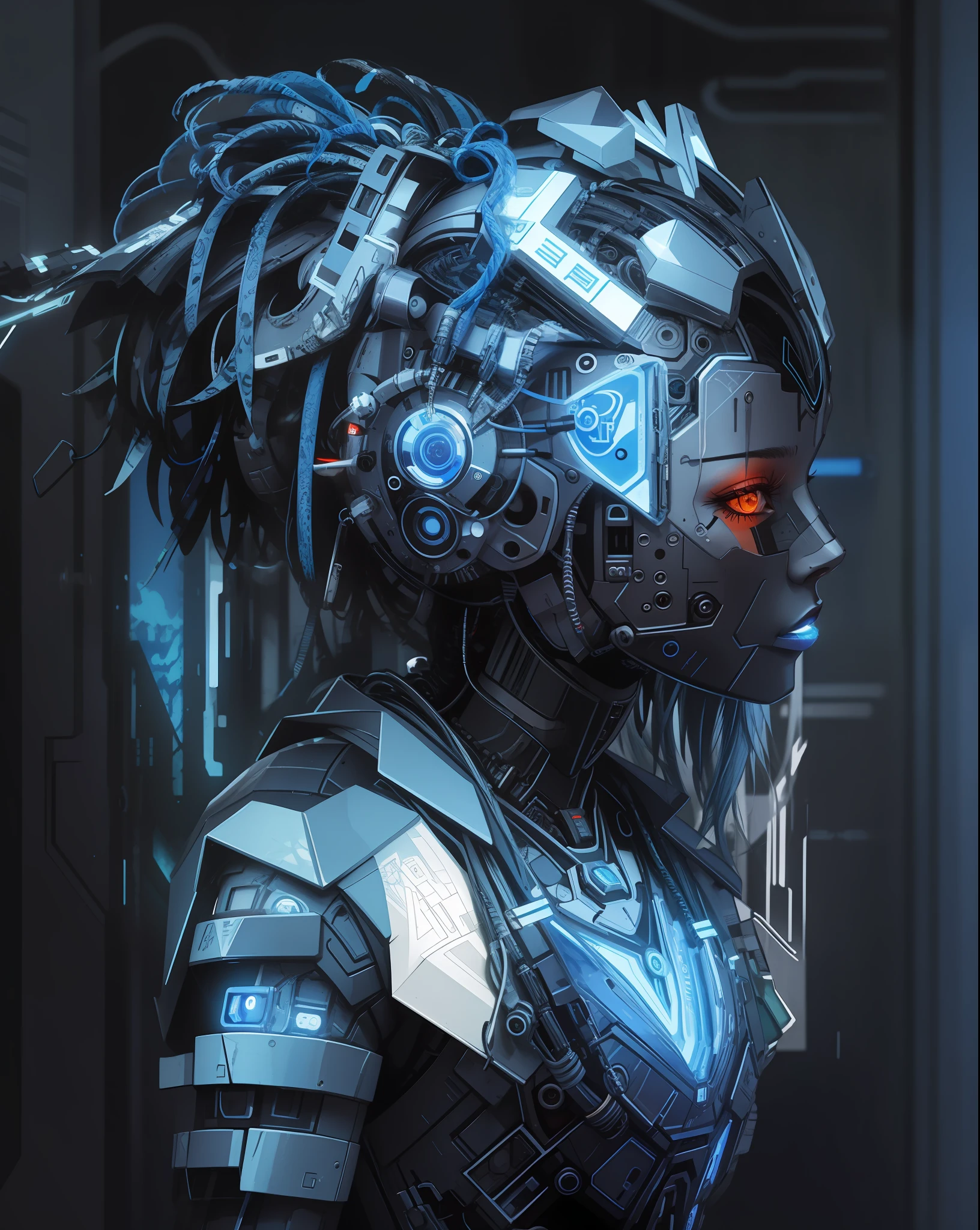 Un primer plano de un robot con rastas y un fondo azul, Portrait of a cyberpunk machine, Arte ciberpunk digital avanzado, Retrato de una reina cyborg, Cyberpunk Medusa, Cyber dreadlocks, Estatua cyberpunk, Estilo cyberpunk hiperrealista, Mecanoide cyberpunk de moda, Estilo de arte cyberpunk, Retrato detallado de un cyborg, Arte cyberpunk, cyberpunk themed art