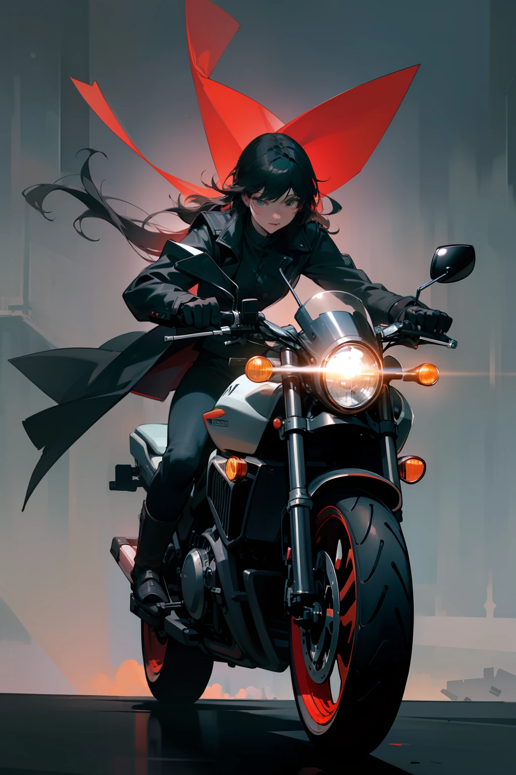 Best image quality, outstanding detail, super high resolution, (realism: 1.4), best illustration, prefer details, riding a motorcycle, the background is a high-tech lighting scene of a futuristic city, black coat, red ribbon, Kiki, Gigi,