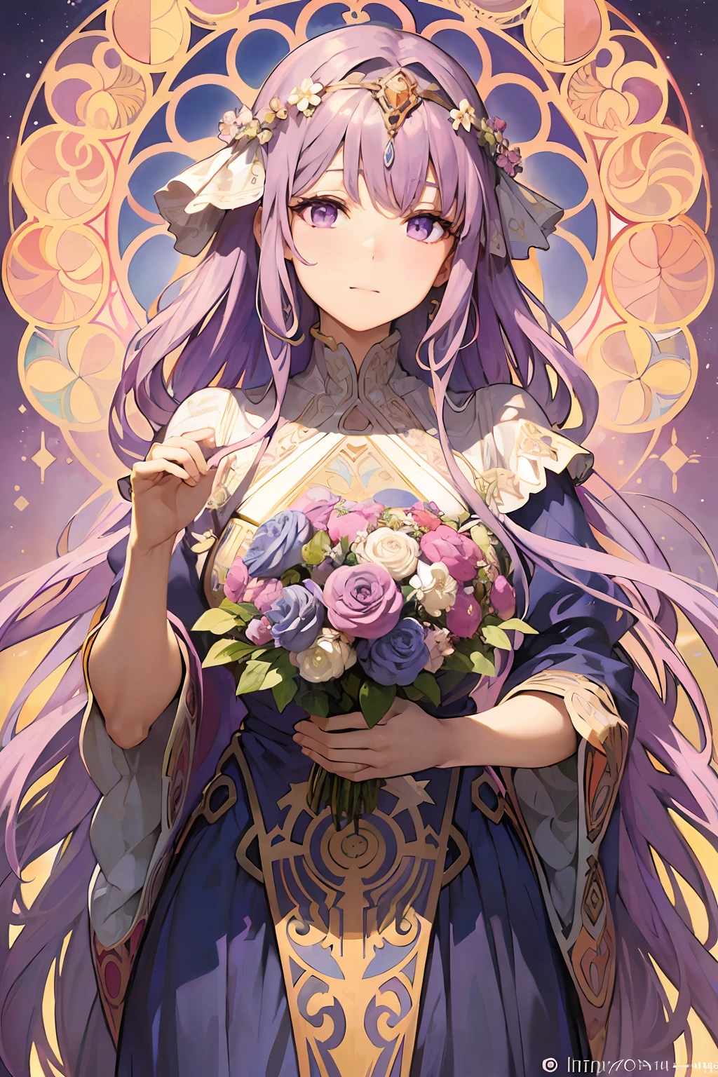 Portrait of beautiful european woman face、Long curly hair、light purple hair、Flower frame、Decorative panel、abstract art、By Alphonse Mucha (masterpiece、top-quality、hight resolution: 1.4)、detaileds、intricate-detail、4K、color splashes、Line Art、Fibonacci、