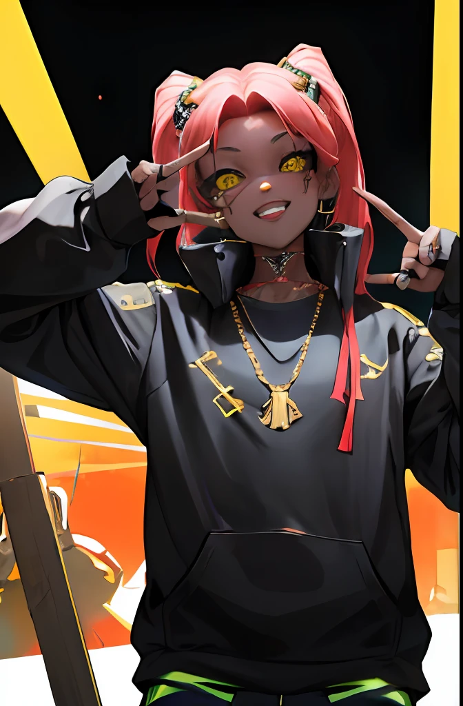 masterpiece, best quality, highres, "A solo shot featuring 1girl, rebecca \(cyberpunk\) showcasing her skill as a rapper.. flexing sick cash money gold chains grillz bling yo!" gang signs ,