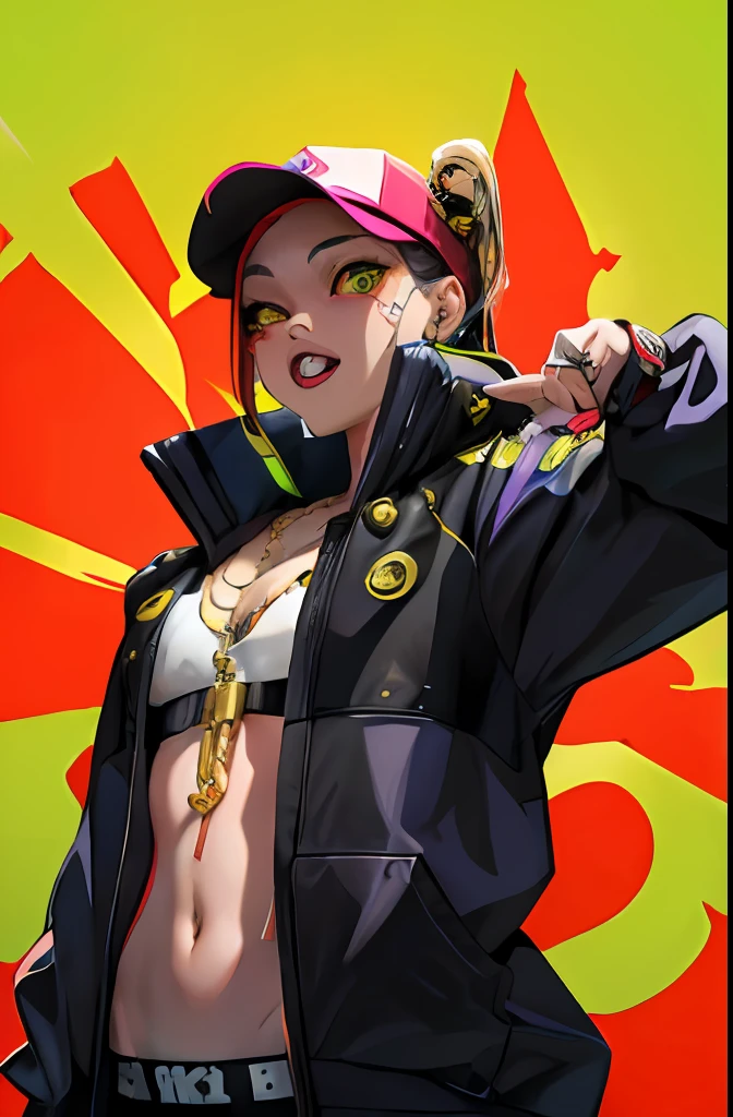 masterpiece, best quality, highres, "A solo shot featuring 1girl, rebecca \(cyberpunk\) showcasing her skill as a rapper.. flexing sick cash money gold chains grillz bling yo!" gang signs ,