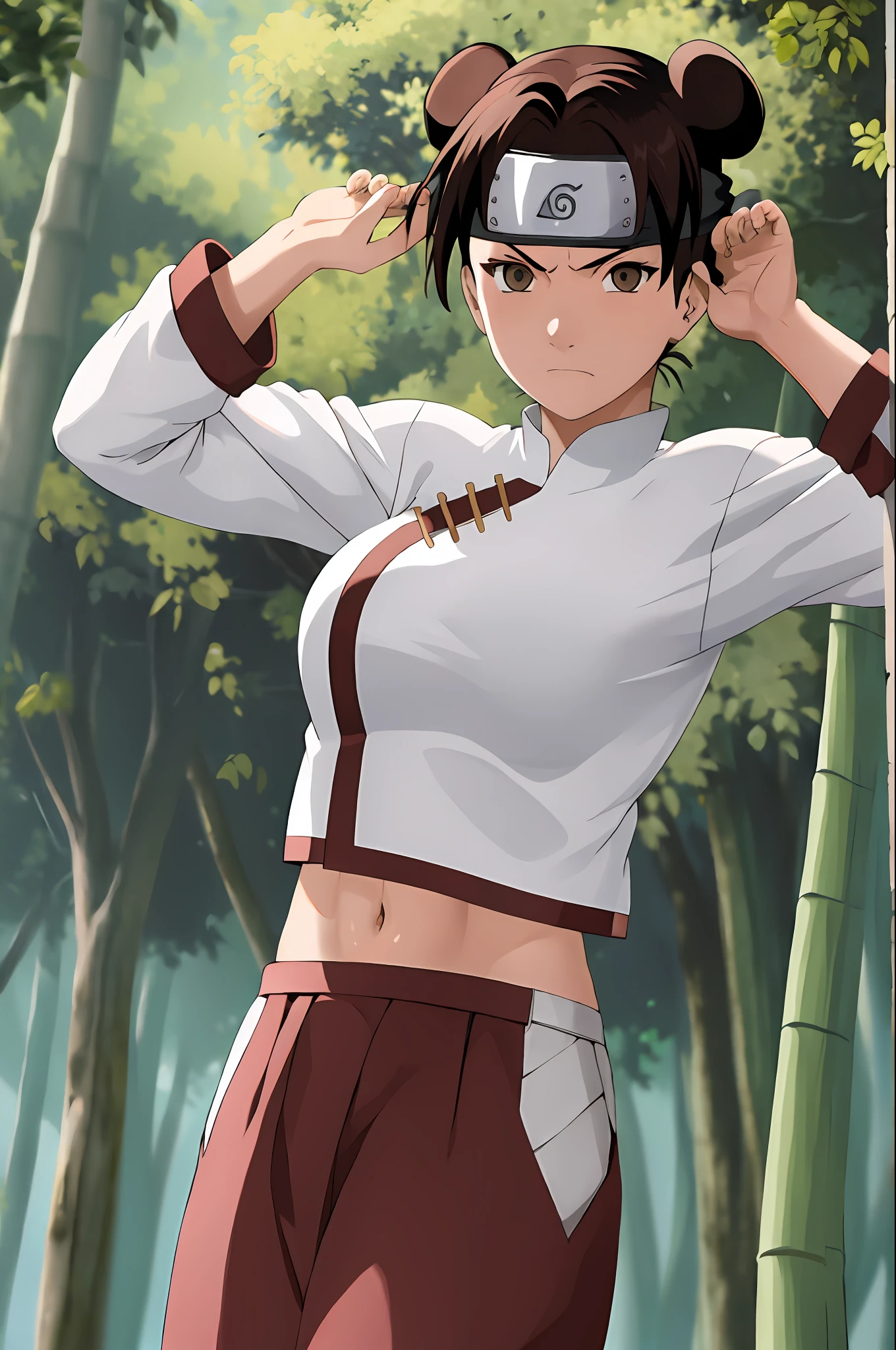 masterpiece, absurdres , (intricate details), (colorful),cinematic lighting,bust shot,extremely detailed CG unity 8k wallpaper,tenten\(shippuden\), 1girl, solo, hakama pants,white shirt, (large breasts), hand on hip,forehead protector, konohagakure symbol, headband, looking at viewer, outdoors, bamboo forest, frown, ((midriff),