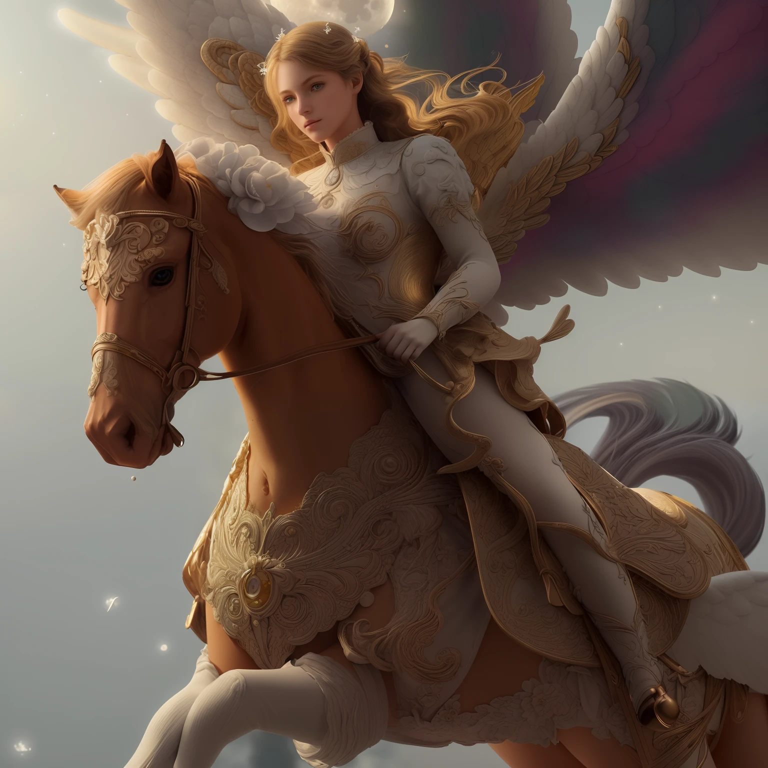 ((( MUY VARONIL, ANGEL GUARDIAN SOBRE CABALLO))) Masterpiece, (Best quality: 1.2), (Super fine: 1.2), Illustration, (Extremely delicate and beautiful: 1.2), Film angle, Floating, (Beautiful detail eye: 1.1), (Detail Light: 1.1), Film lights, Delicate sky, Blue eyes, (High ponytail: 1.1), Layer, Bright eyes, (Moon: 1. 2), (Moonlight: 1.1), Starry sky, (Light particles: 1.1) drawing, blossom. (masterpiece), (best quality), (photorealistic:1.3), 8k, detailed skin texture, detailed cloth texture, beautiful detailed face, intricate details, ultra detailed (full-length body:1.2)