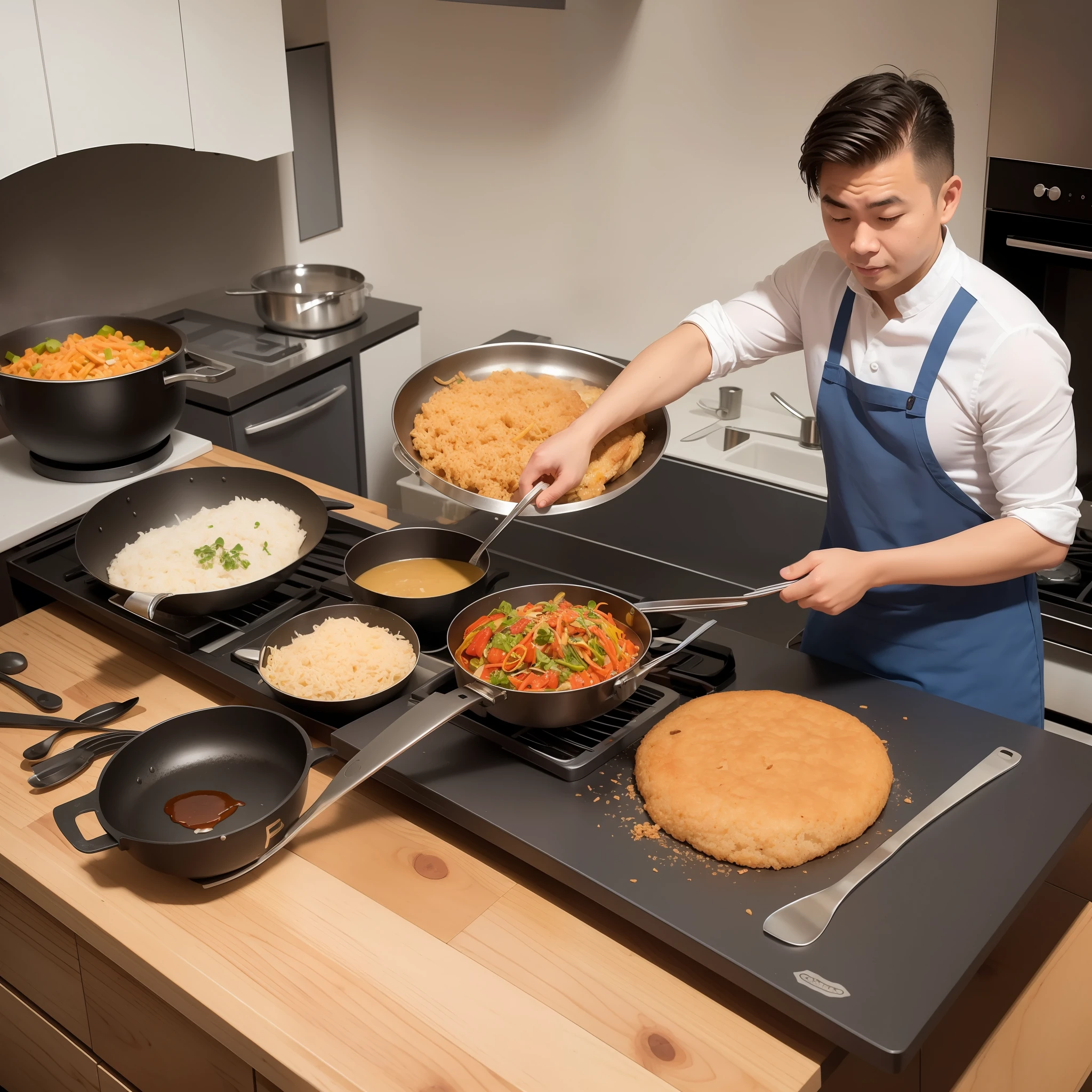 Cocinero chino preparando carros en un wok