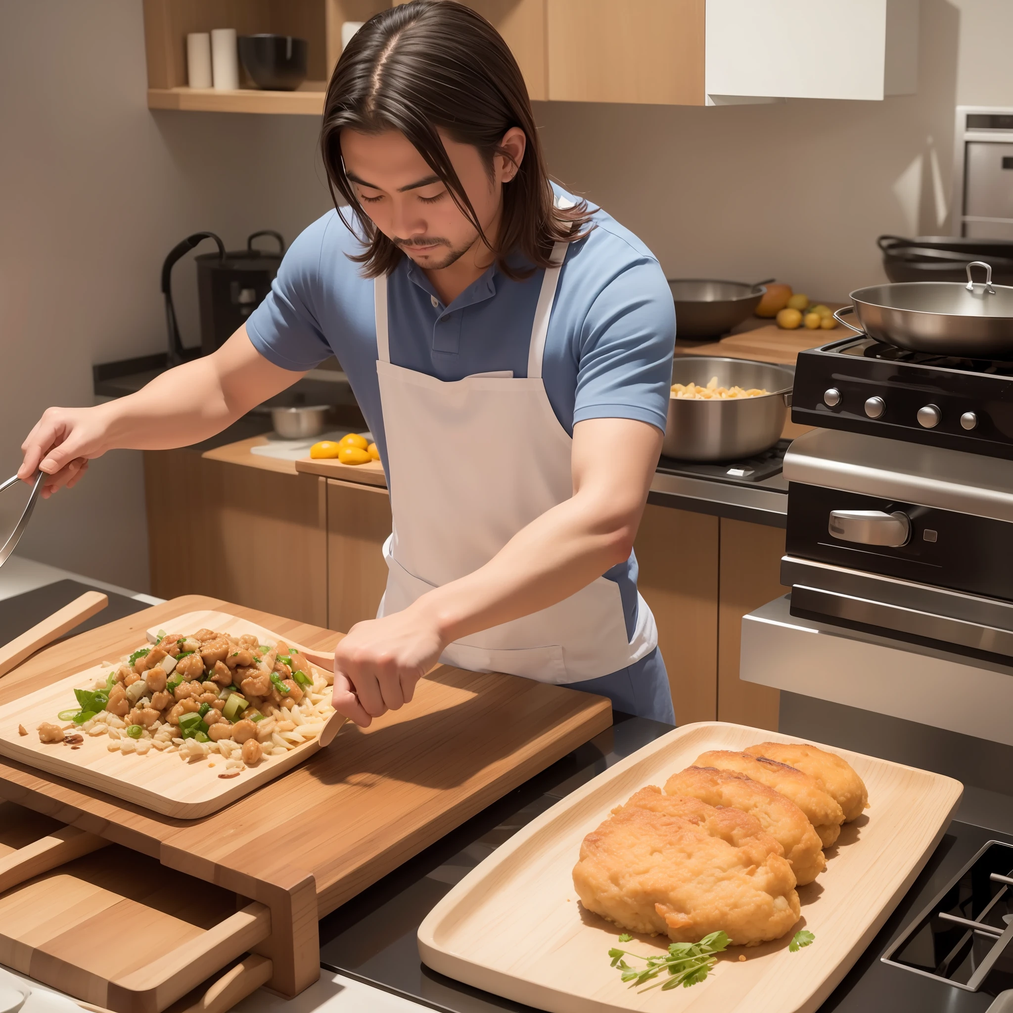 Cocinero chino preparando carros en un wok