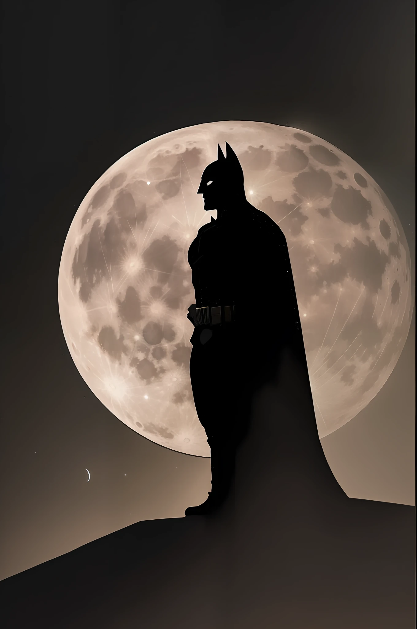 A silhouette of Batman in front of the moon. He's wearing his classic costume, Image is in black and white, and the background is black. The print is minimalist and elegant, and it would be perfect for a cotton t-shirt.